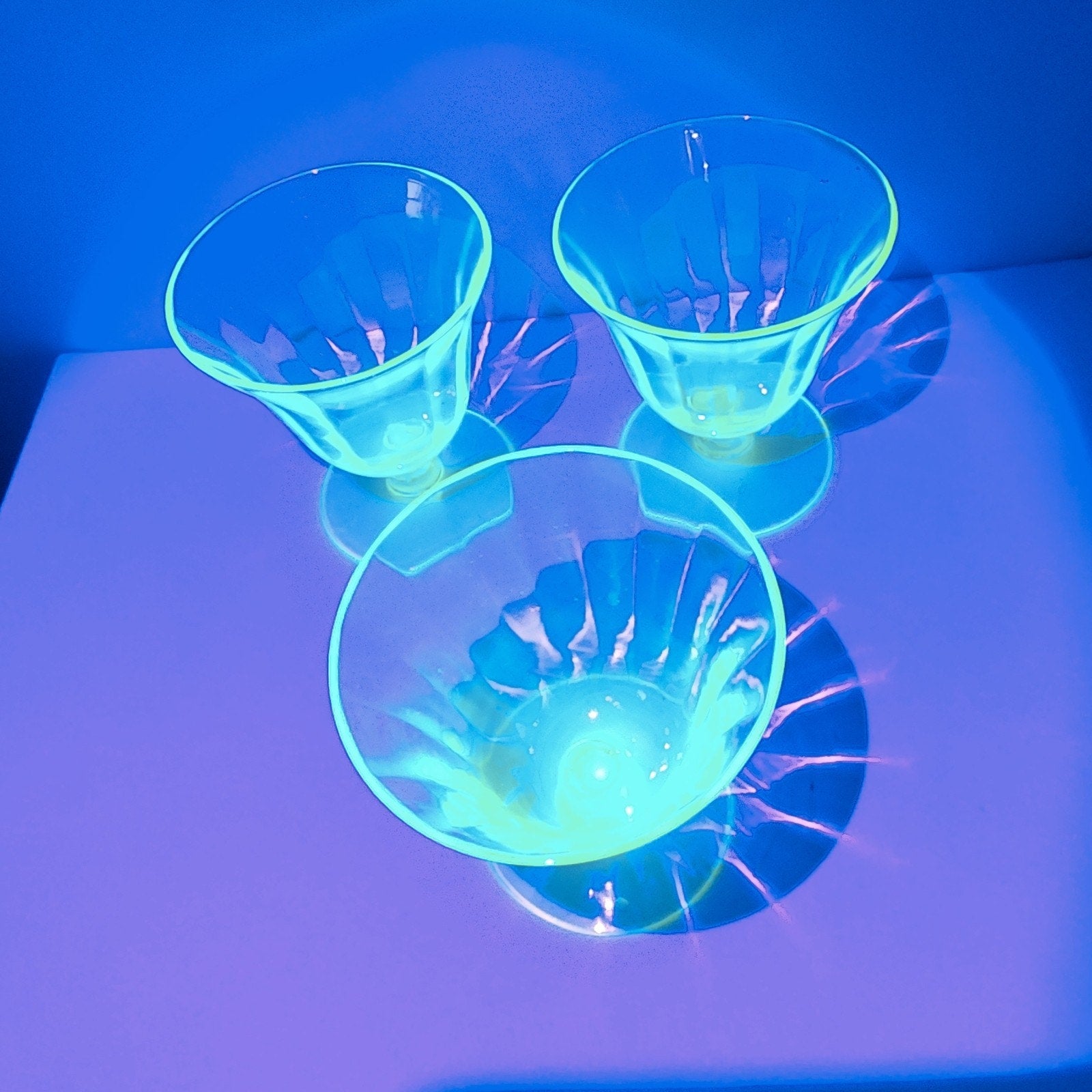 UV Uranium Glow Depression Glass Footed Desert Cups 4 Oz Set of Three
