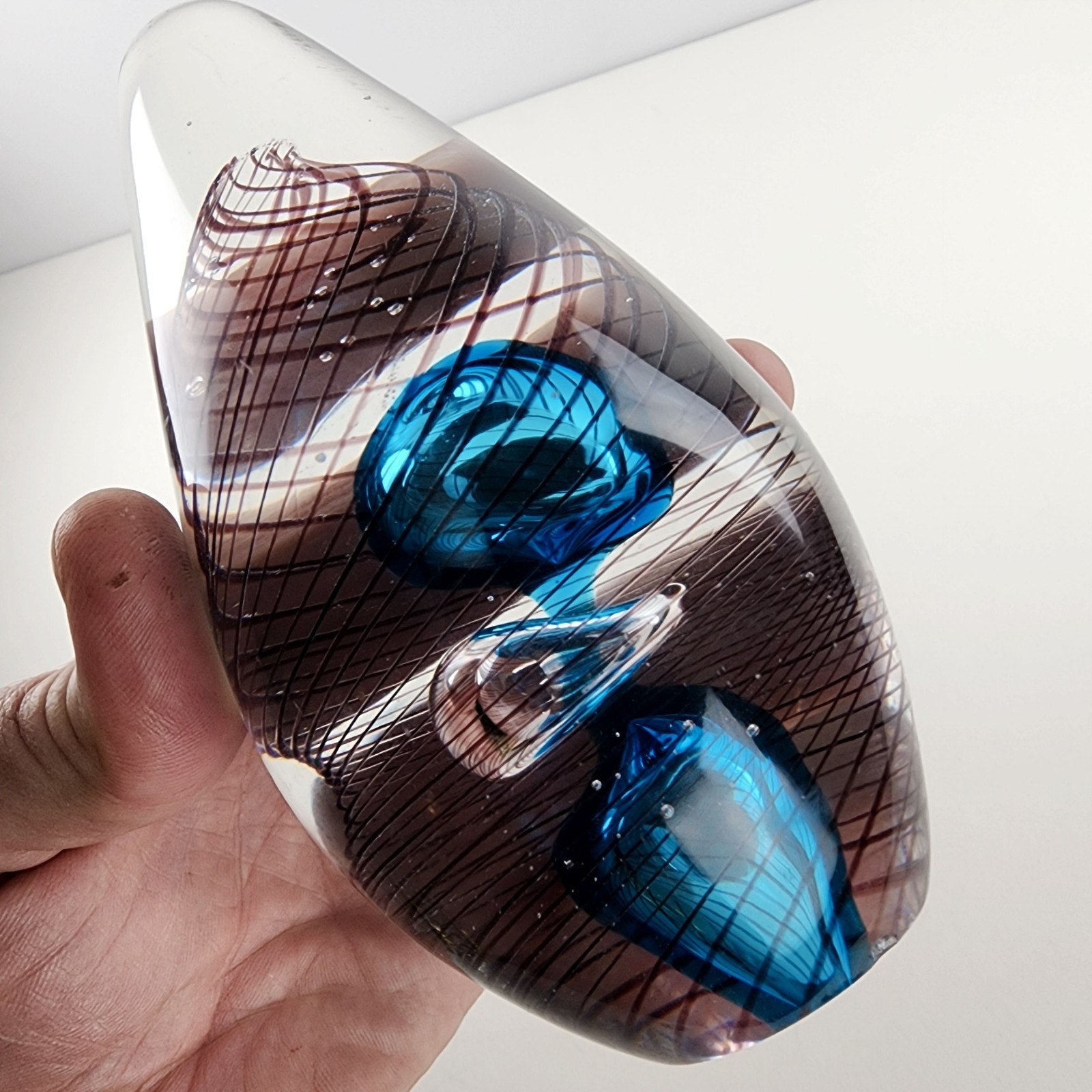 6" Hand Blown Glass Paperweight Air Trap Blue & Clear