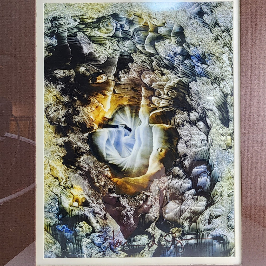 1974 Yvon D'Anjou Decalcomania Tempera Original Painting Surrealist Art MCM