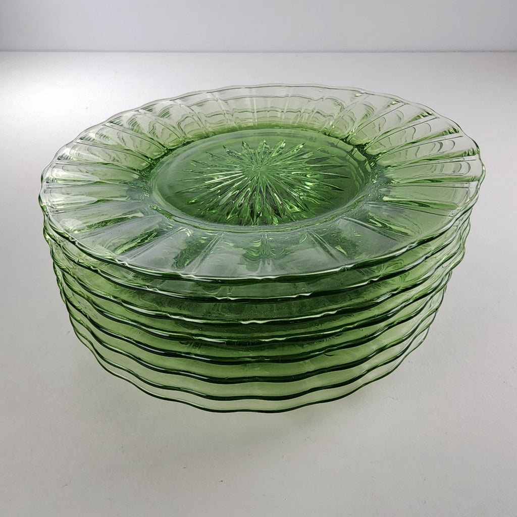 6" Heisey Ridge & Star Green Depression Glass Plate Set of 8