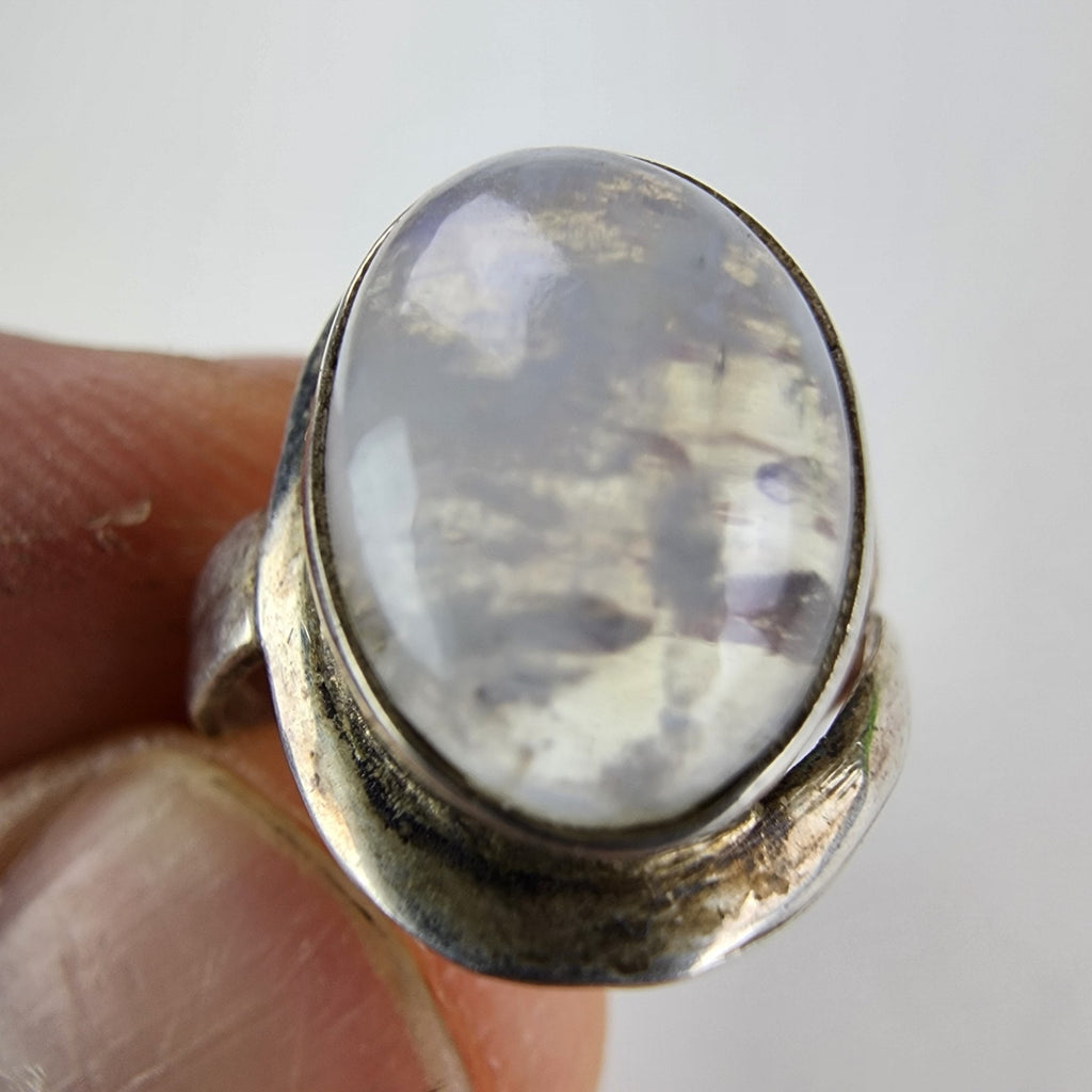 Modernist Rainbow Moonstone Cabochon Ring Size 8 Sterling Silver 925 Vintage