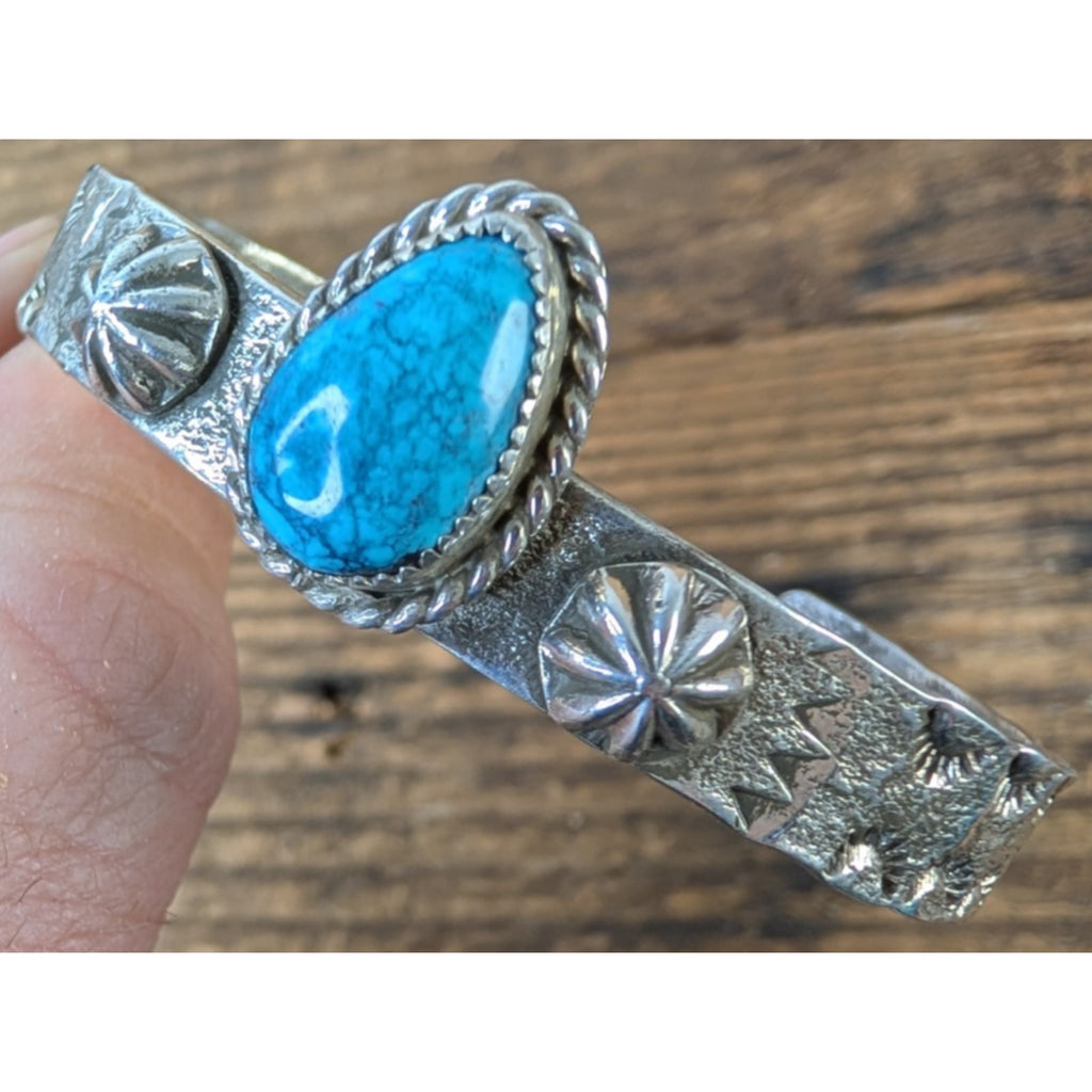 Ruben Castillo Turquoise Sterling Silver 925 Native Cuff Tufa Cast & Stamped