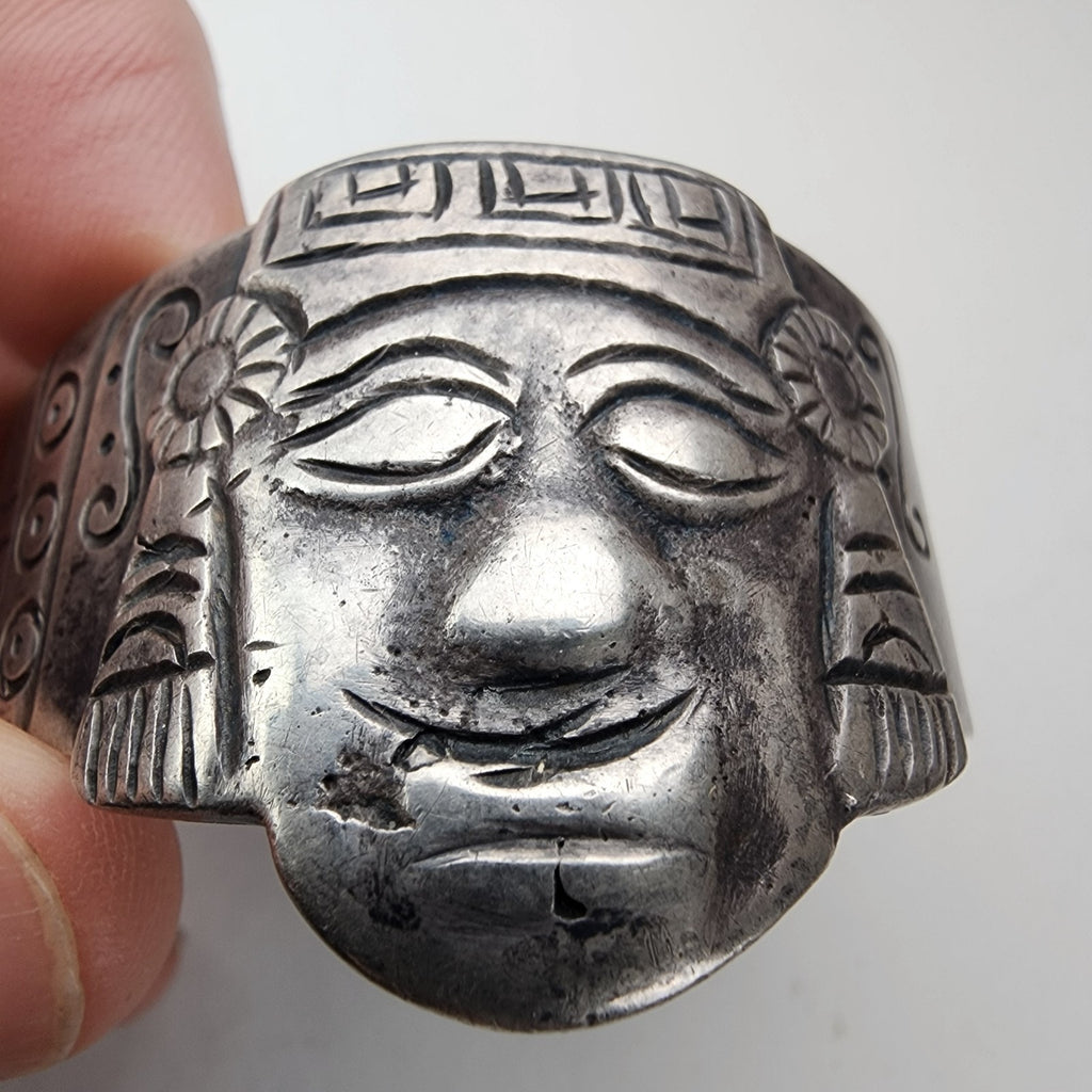 Early Taxco Mayan Warrior Cuff Bracelet 980 Sterling Silver