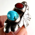Native Turquoise & Coral Sandcast Ring Size 8 1/2 in Sterling Silver 925