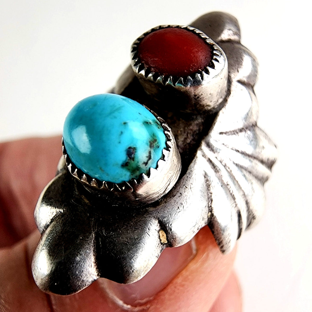 Native Turquoise & Coral Sandcast Ring Size 8 1/2 in Sterling Silver 925