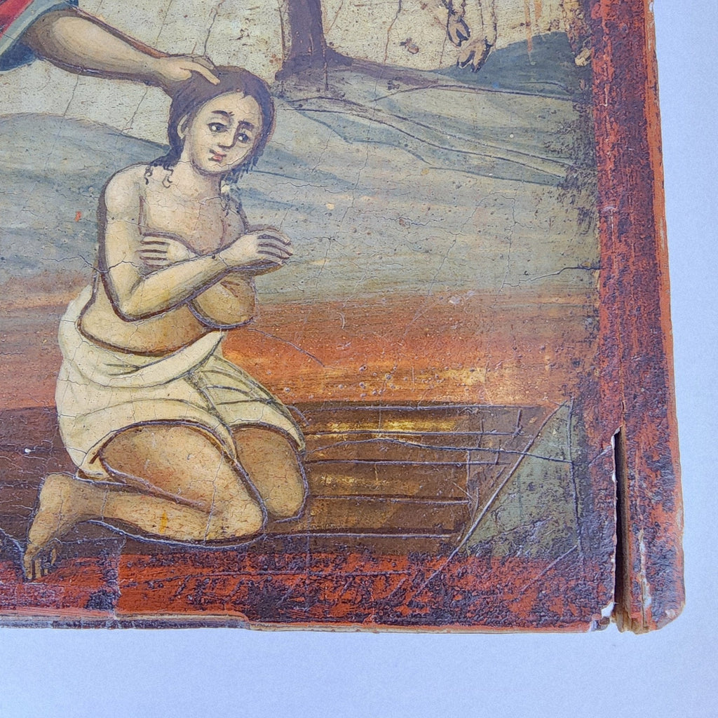 18c Sacrifice of Abraham Greek Icon Antique Hand Painted Isaac & Ram Unrestored