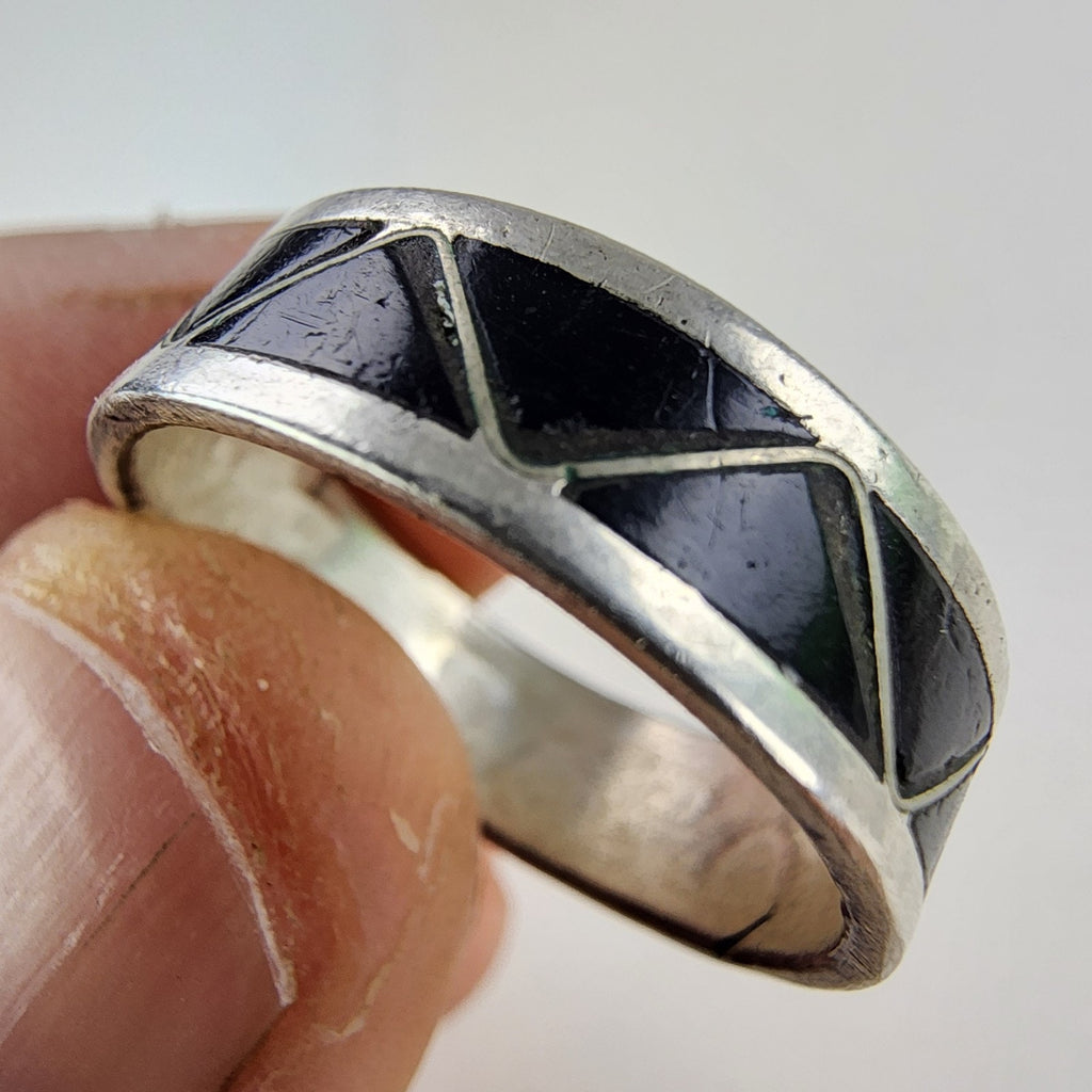 Black Onyx Inlay Band Ring Size 10 1/2 Sterling Silver 925 Vintage