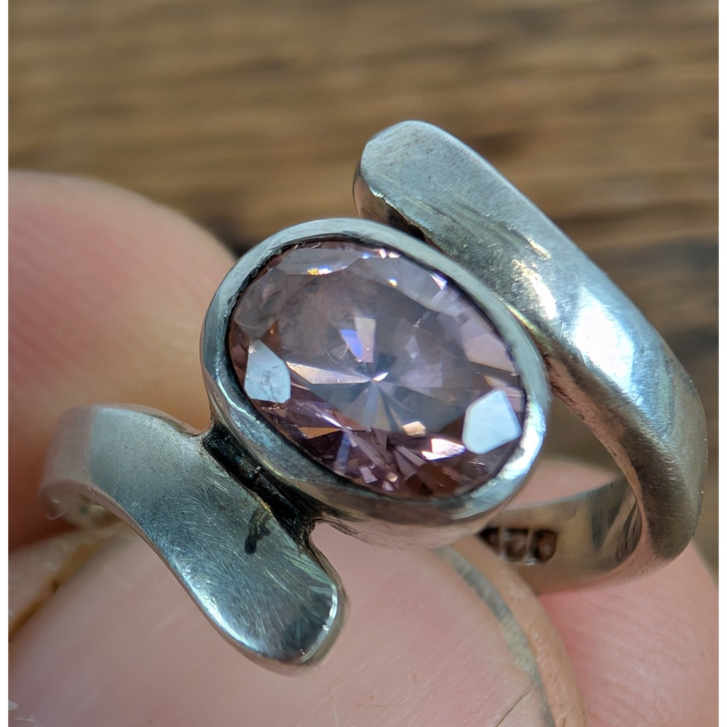 Modernist Amethyst Bypass Sterling Silver 925 Ring Size 4 3/4