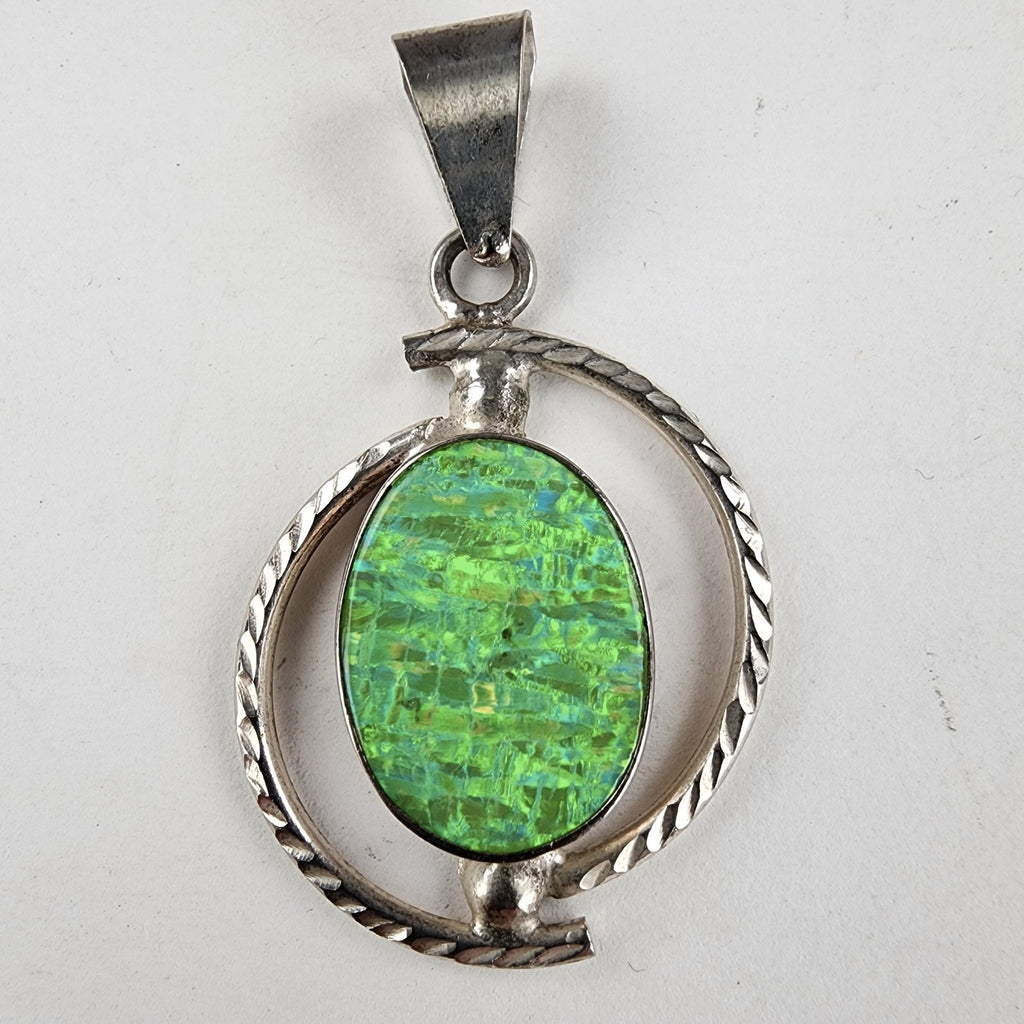 Vintage Green Fire Opal Oval Pendant Sterling Silver 925 Estate