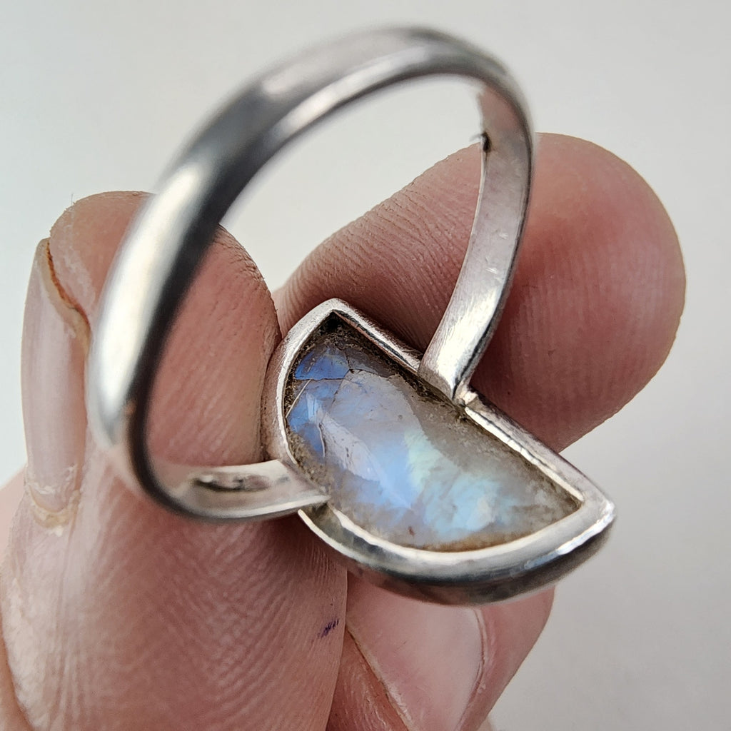 Vintage Rainbow Moonstone Half Moon Ring Size 6 1/2 in Sterling Silver 925