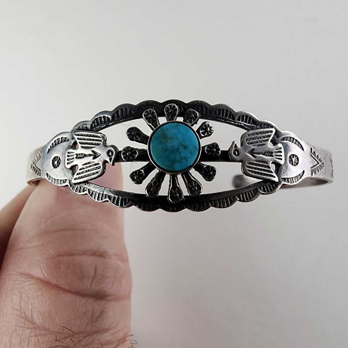 Fred Harvey Era Turquoise Stamped Thunderbird Bracelet in Sterling Silver 925