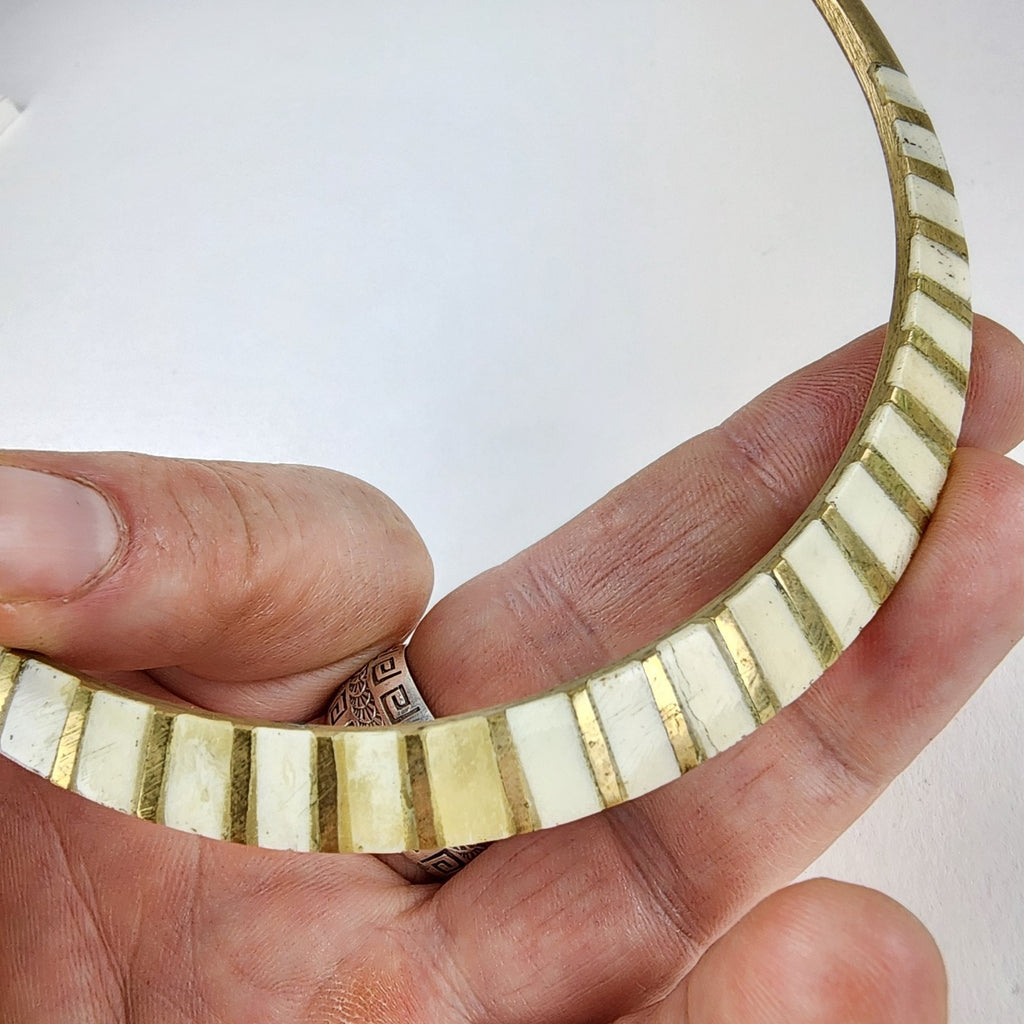Vintage Mother of Pearl Inlay Brass Choker Collar Necklace Vintage