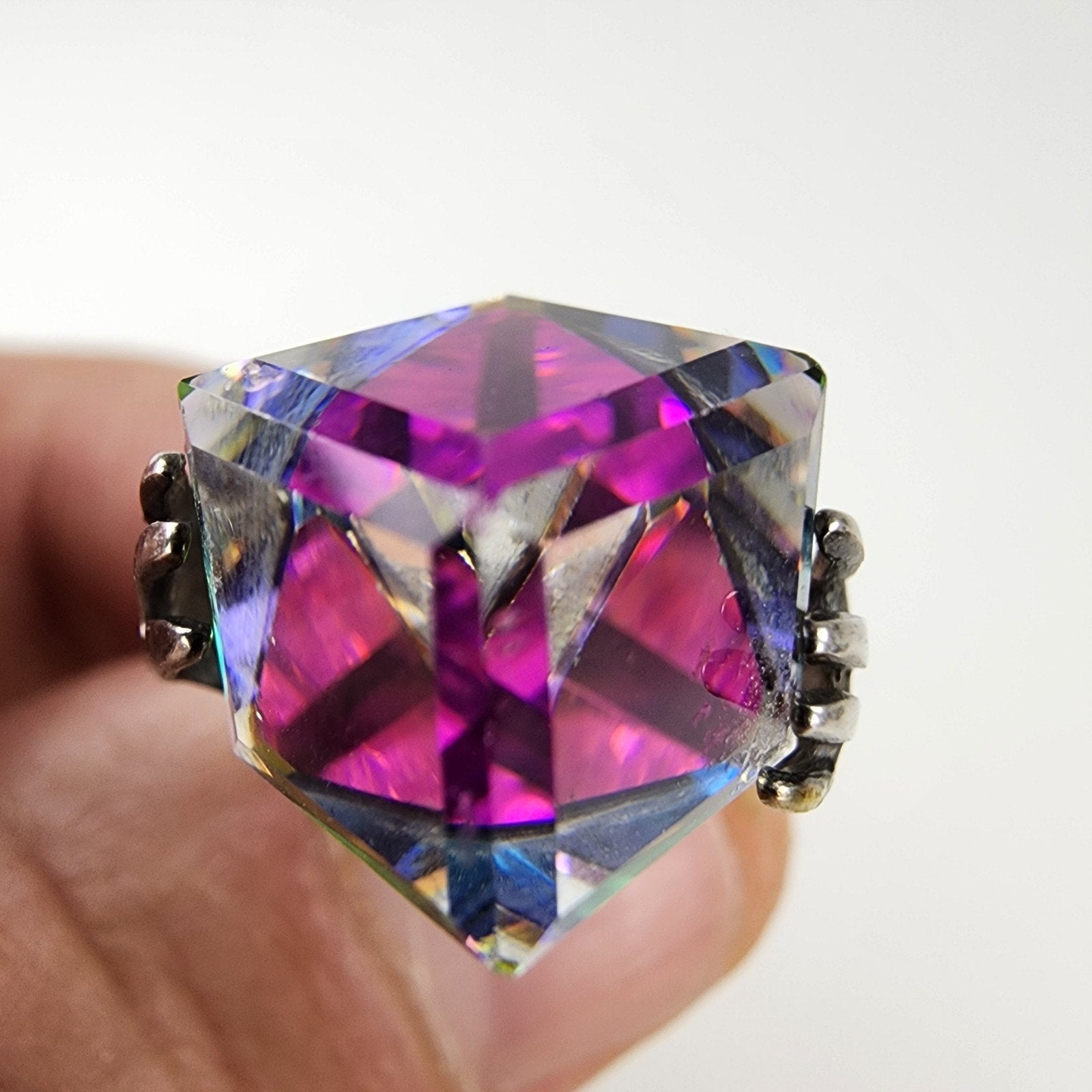 Hands w Iridescent Dichroic Cube Ring Size 7 1/2 Sterling Silver 925 Modernist