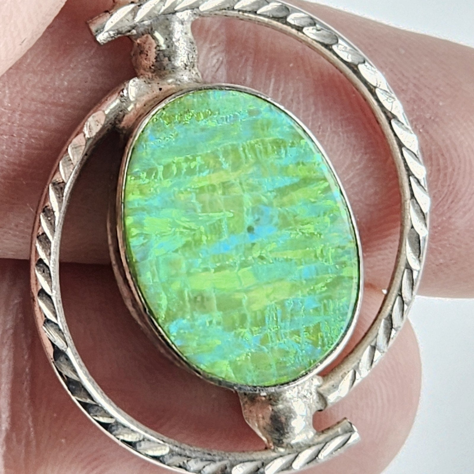 Vintage Green Fire Opal Oval Pendant Sterling Silver 925 Estate