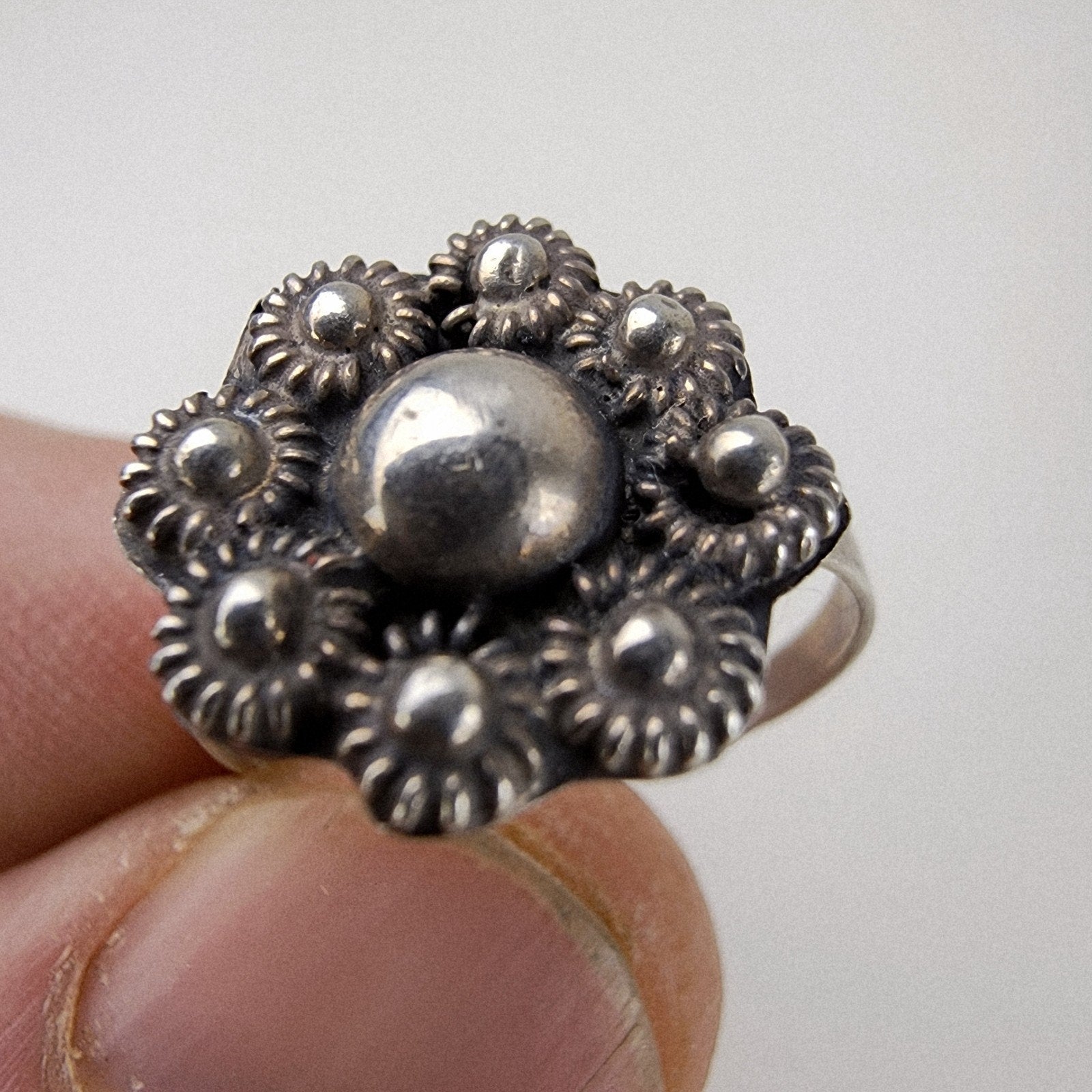 Taxco Floral Bead Cluster Ring Size 7 1/2 Sterling Silver 925 Vintage