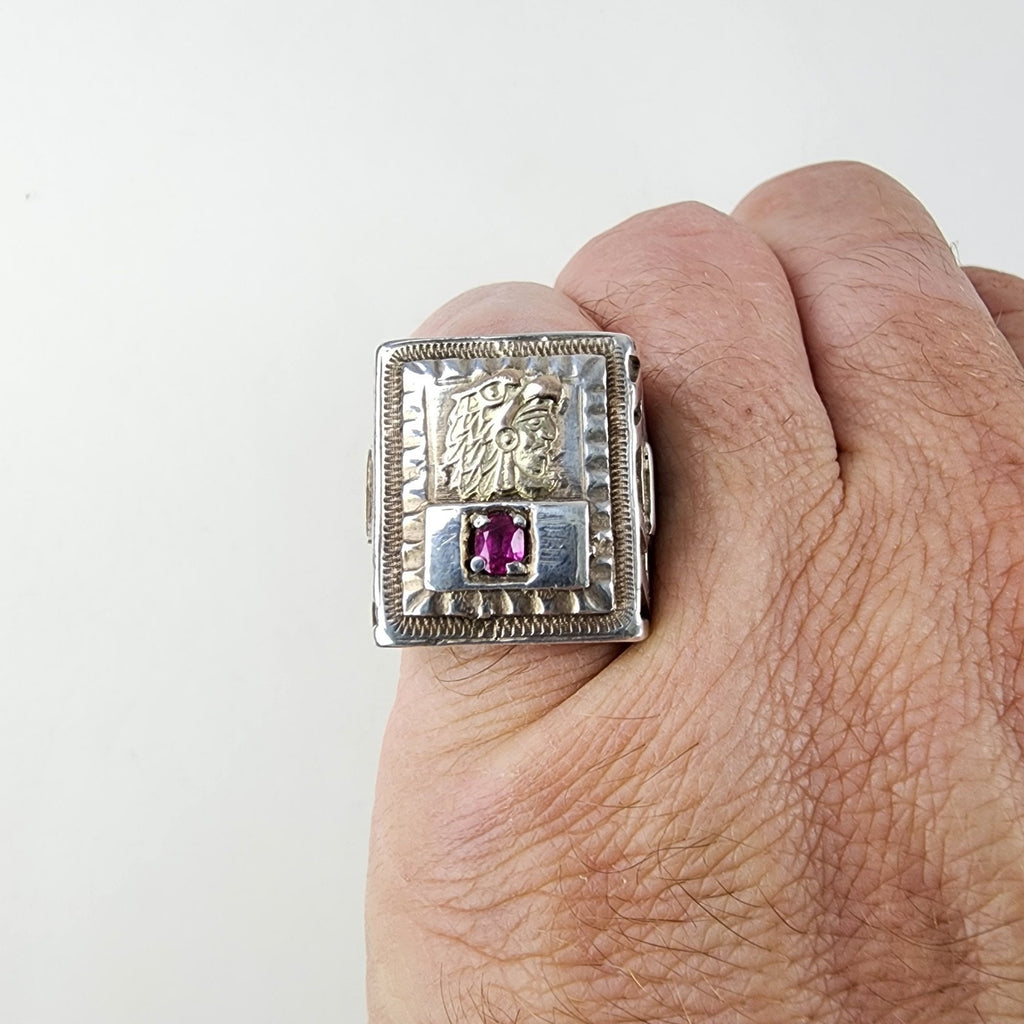 10K Gold Ruby Mayan Warrior Mexican Biker Ring Size 11 Sterling Silver 925