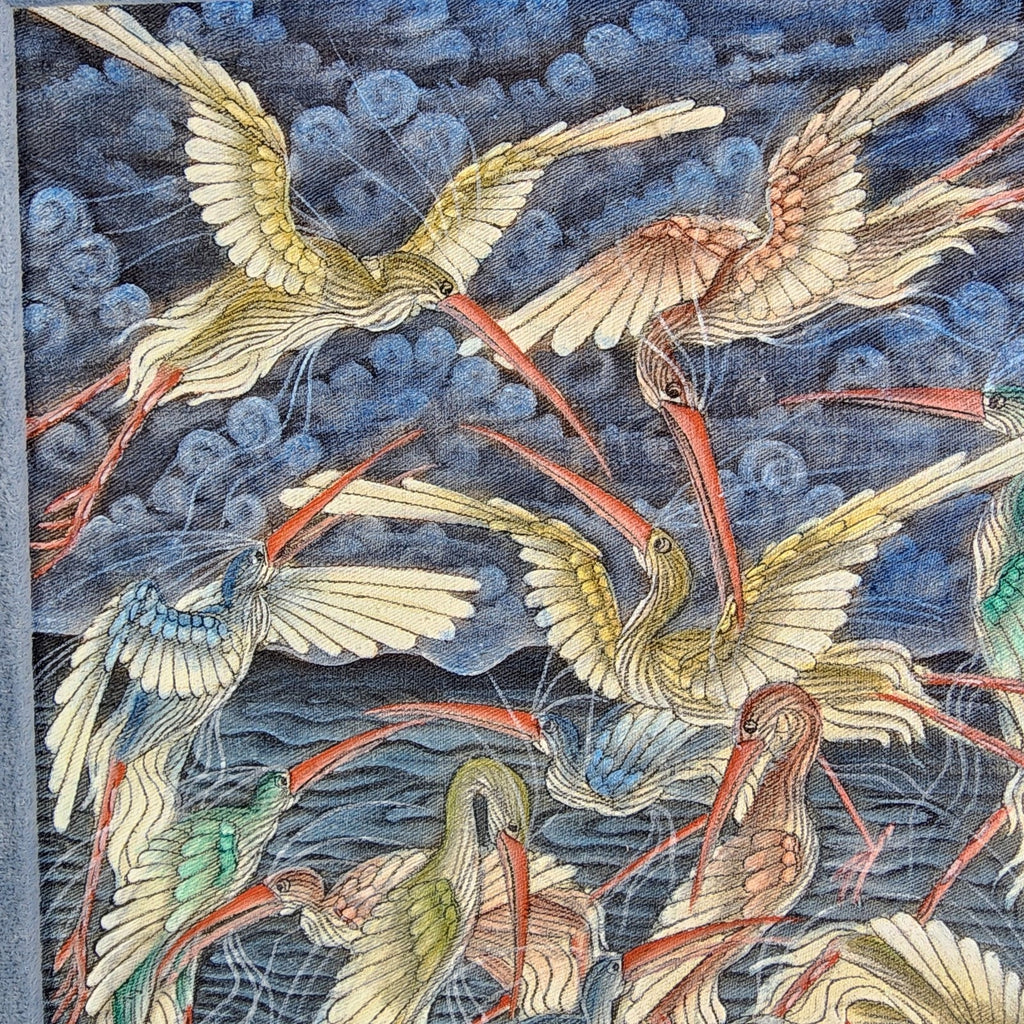 Heron Painting on Fabric by I Wayan Balik Framed Ubud Bali Indonesia