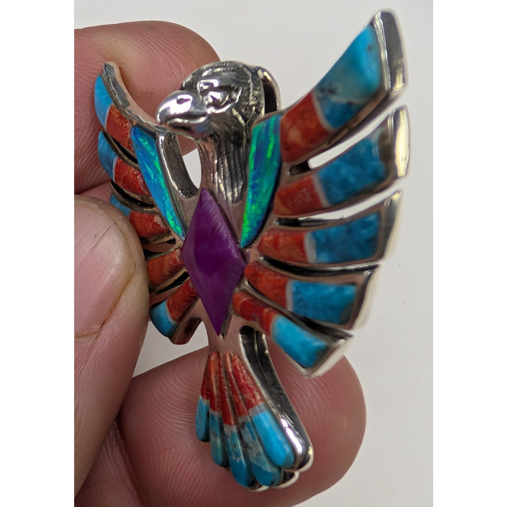 Bird Pendant Sterling Silver 925 Multistone Opal Turquoise Inlay Southwestern