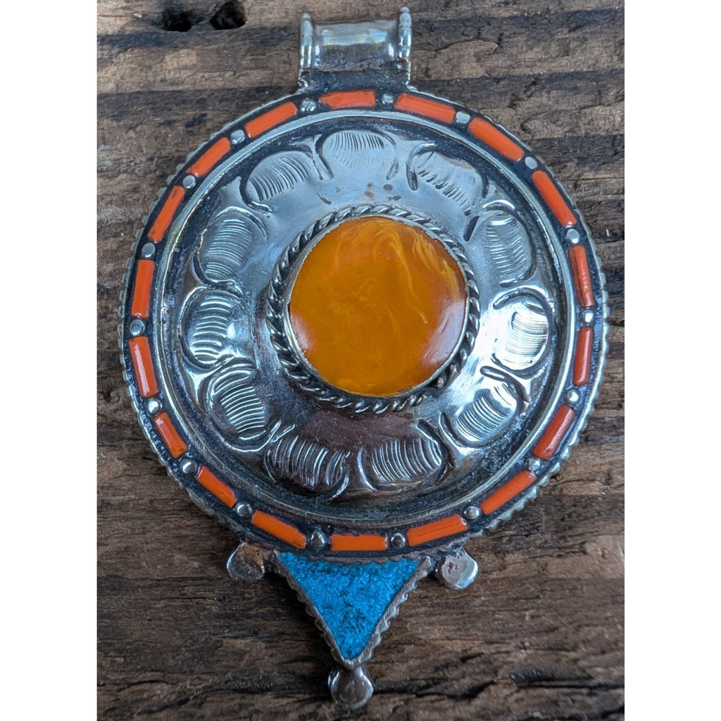 Tibetan Silver Copal Turquoise and Coral Pendant