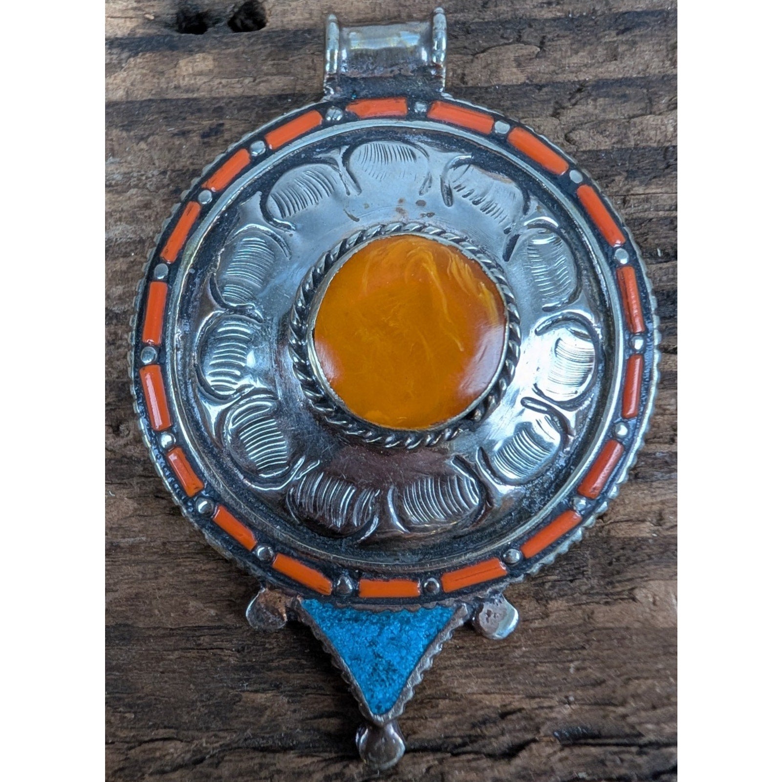 Tibetan Silver Copal Turquoise and Coral Pendant