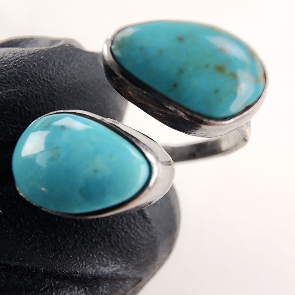 Native Turquoise 2 Stone Bypass Ring Size 7 in Sterling Silver 925