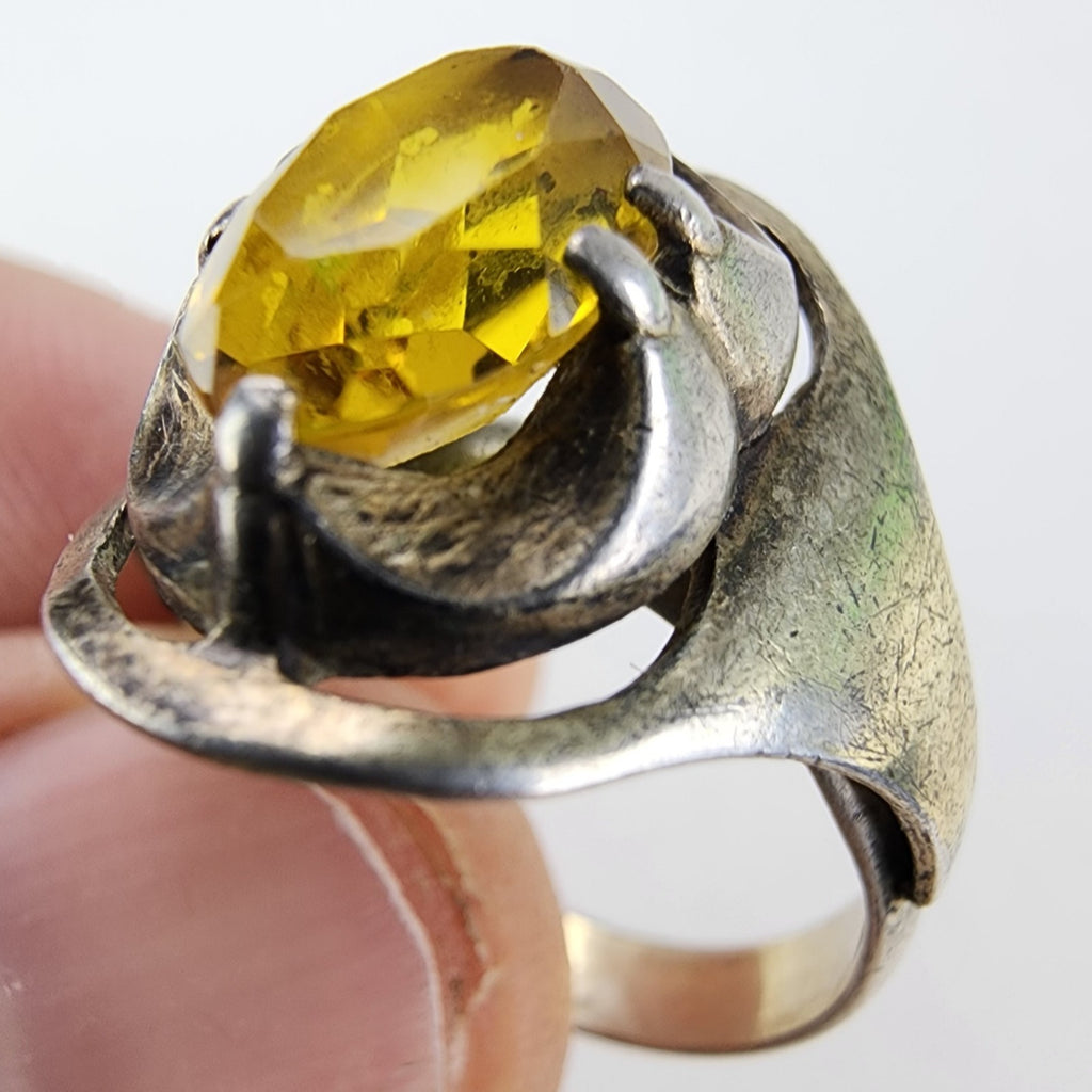 Yellow Sapphire Modernist Soviet Ring Size 10 1/4 Sterling Silver 875 Vintage