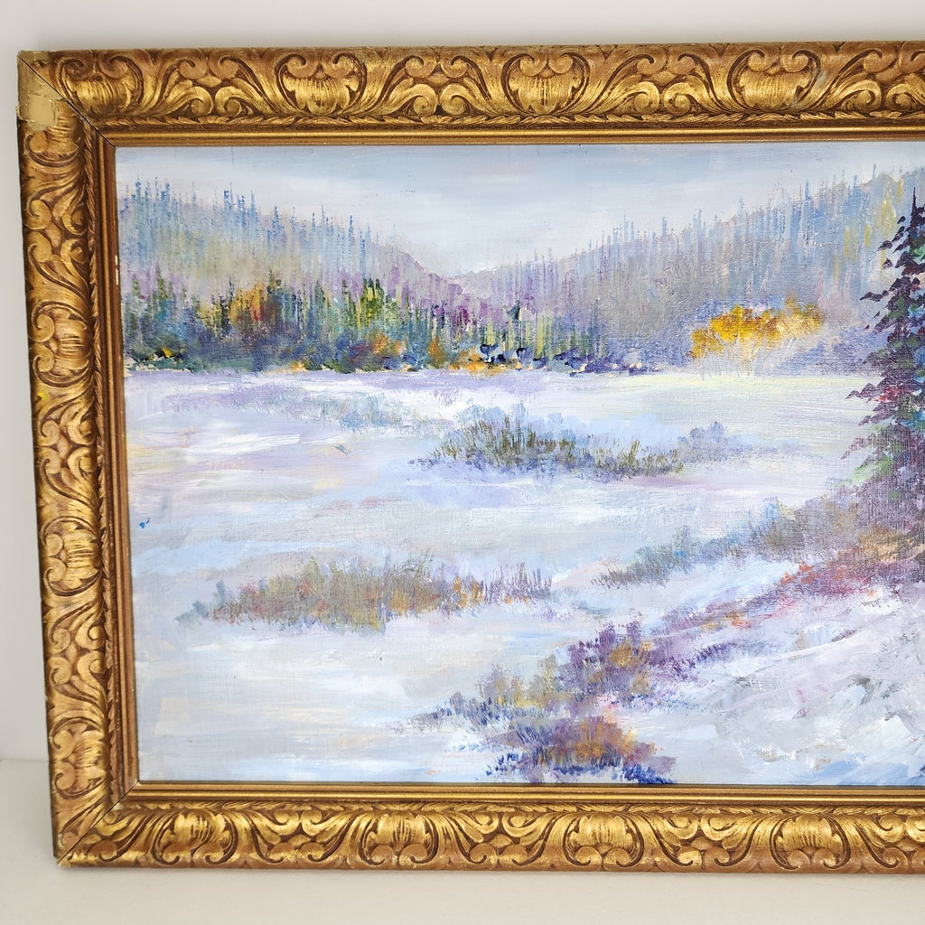 Impressionist Winter Landscape Scene Acrylic on Panel in Gilded Frame Unsigned