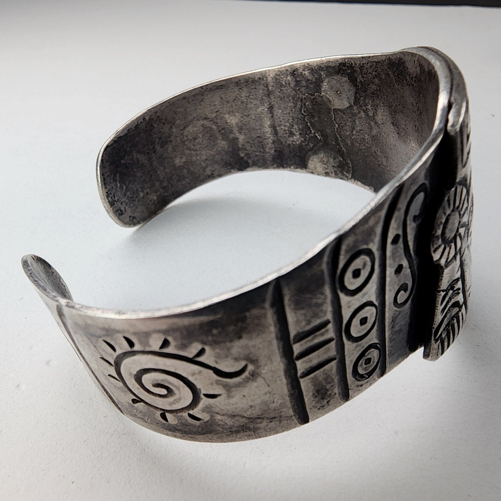 Early Taxco Mayan Warrior Cuff Bracelet 980 Sterling Silver