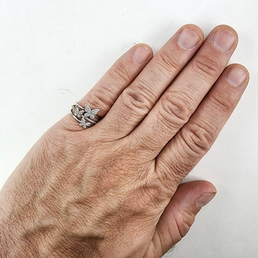 Triple Butterfly Pave Diamond Ring Size 9 Sterling Silver 925 Vintage