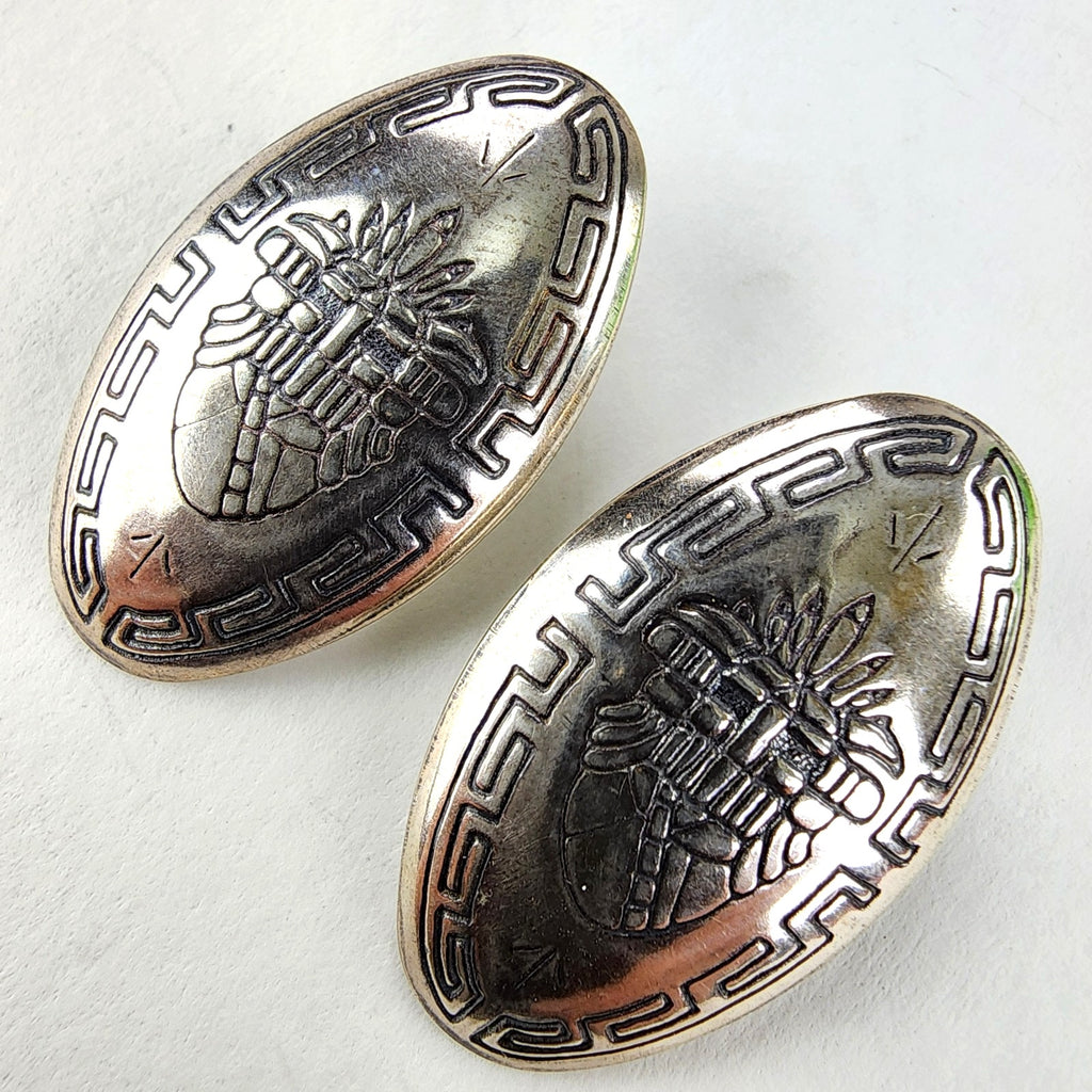 Peruvian Stamped Concho Earrings Sterling Silver 925 Vintage Greek Key Stamped