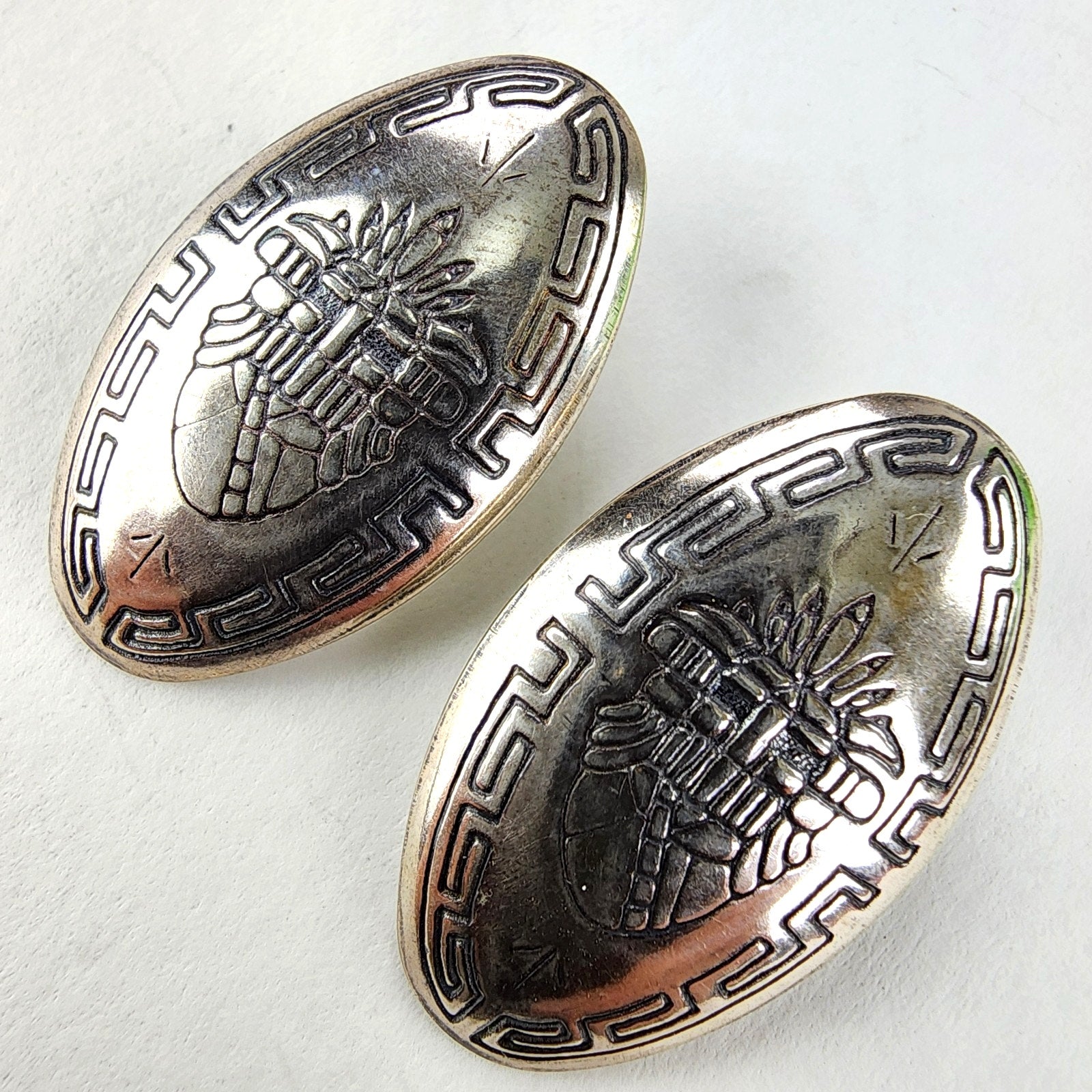 Peruvian Stamped Concho Earrings Sterling Silver 925 Vintage Greek Key Stamped