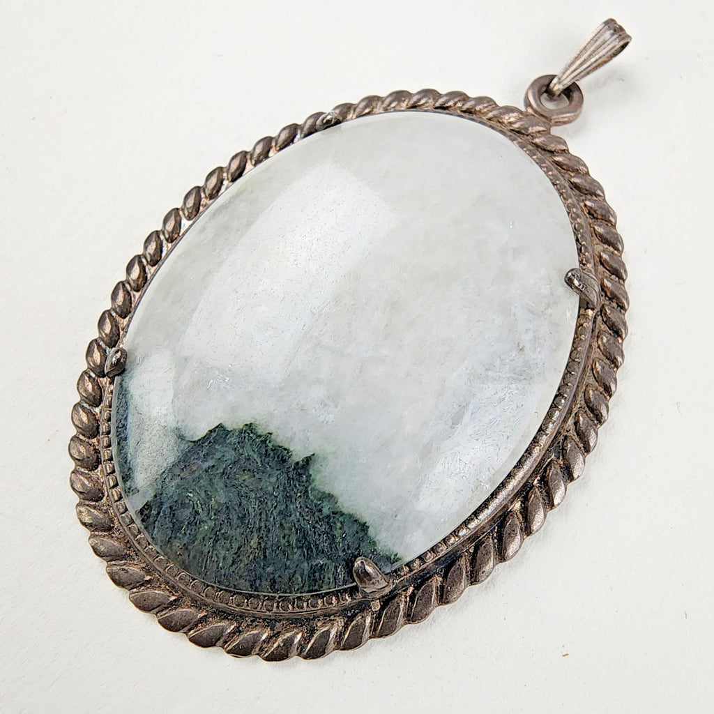 Oval Green Agate Sterling Silver 925 Pendant Vintage