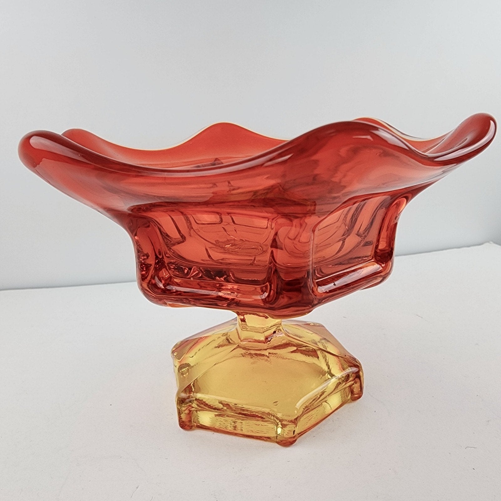 Viking Glass Epic Six Petal Amberina Flame Pedestal Bowl UV Vaseline Glass