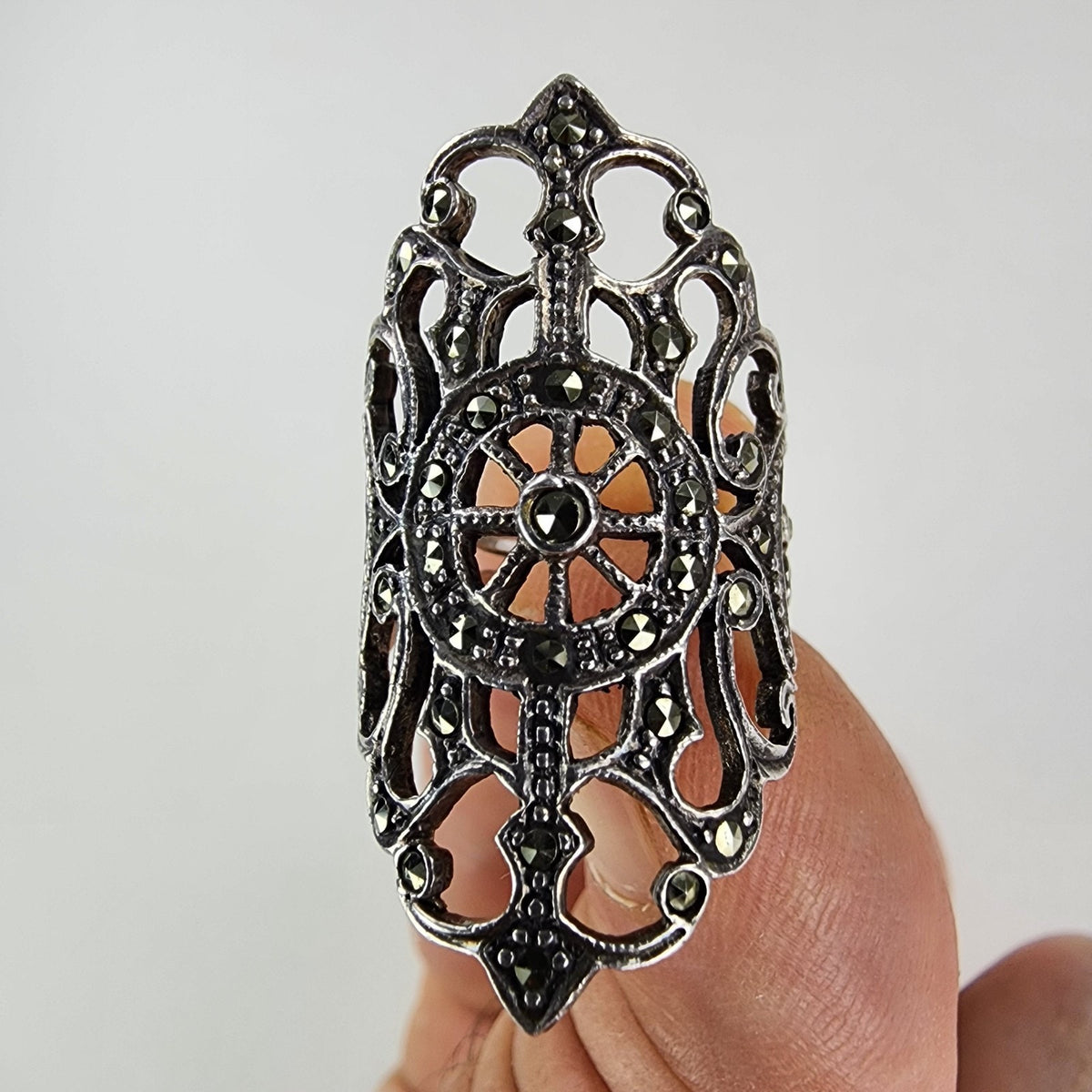 Art Deco Revival Marcasite Shield Ring Size 6 1/2 Sterling Silver 925 Vintage