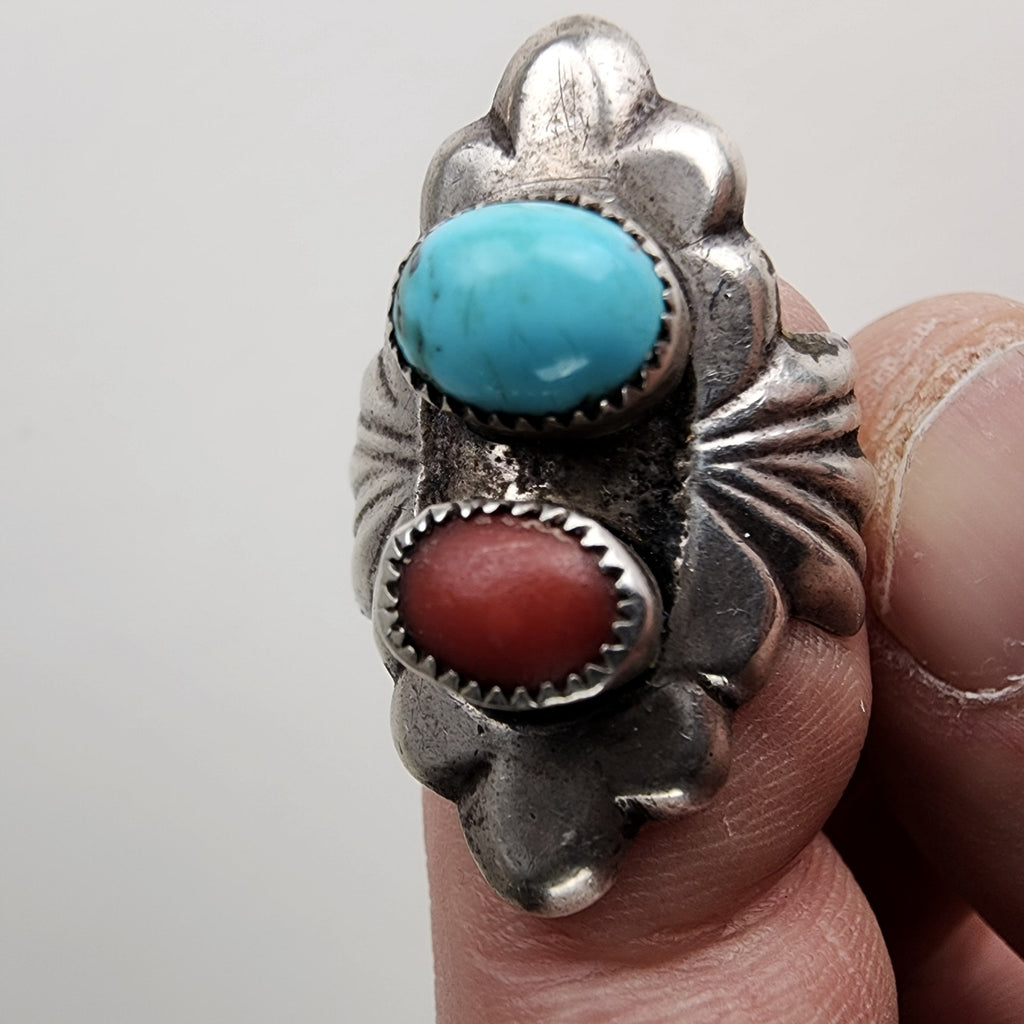 Native Turquoise & Coral Sandcast Ring Size 8 1/2 in Sterling Silver 925