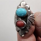 Native Turquoise & Coral Sandcast Ring Size 8 1/2 in Sterling Silver 925