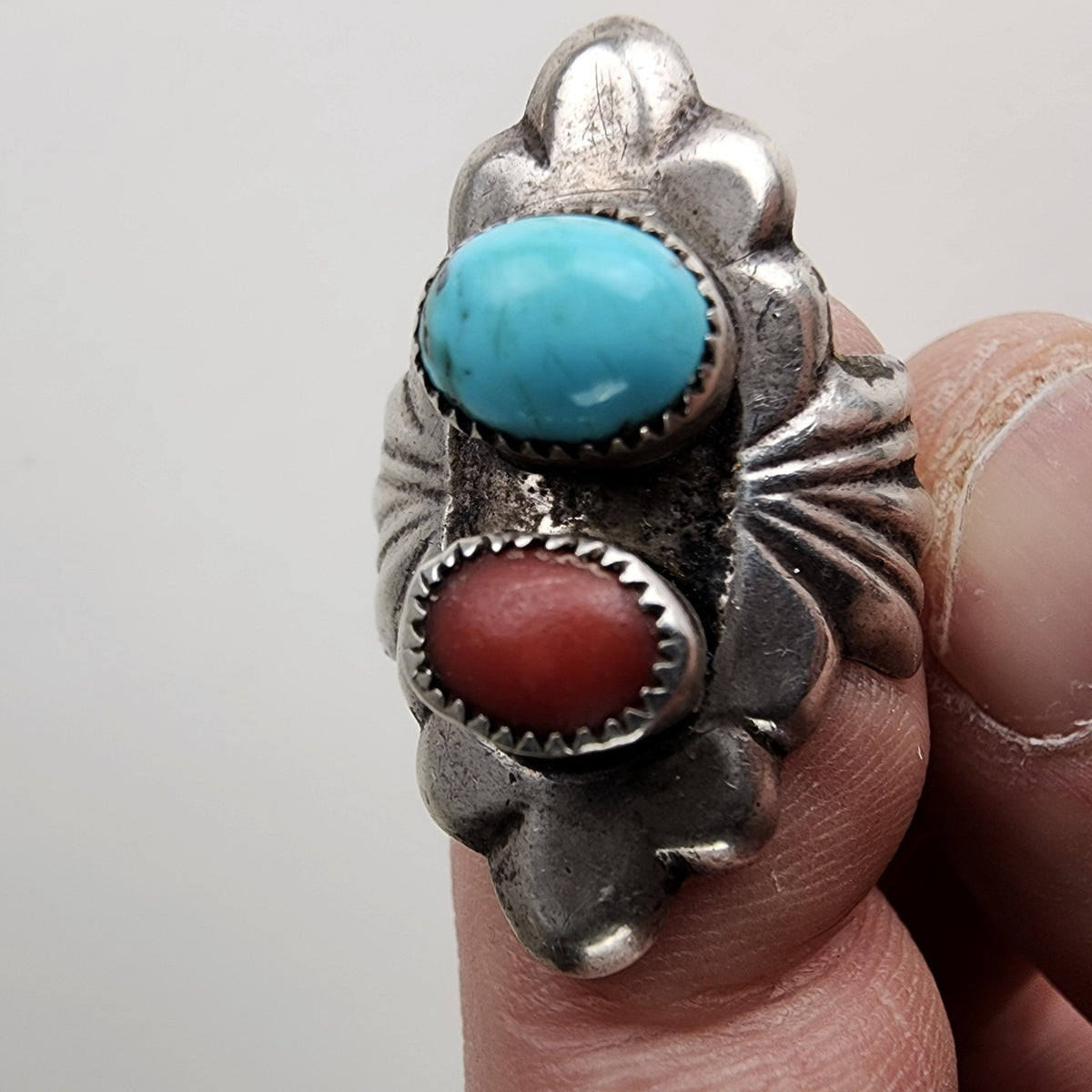 Native Turquoise & Coral Sandcast Ring Size 8 1/2 in Sterling Silver 925