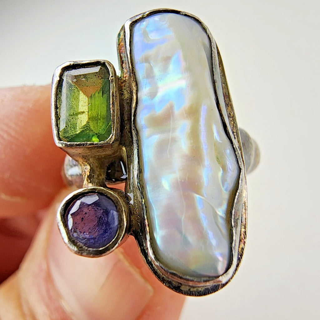 Baroque Freshwater Pearl Peridot & Amethyst Ring Size 6 1/2 Sterling Silver 925