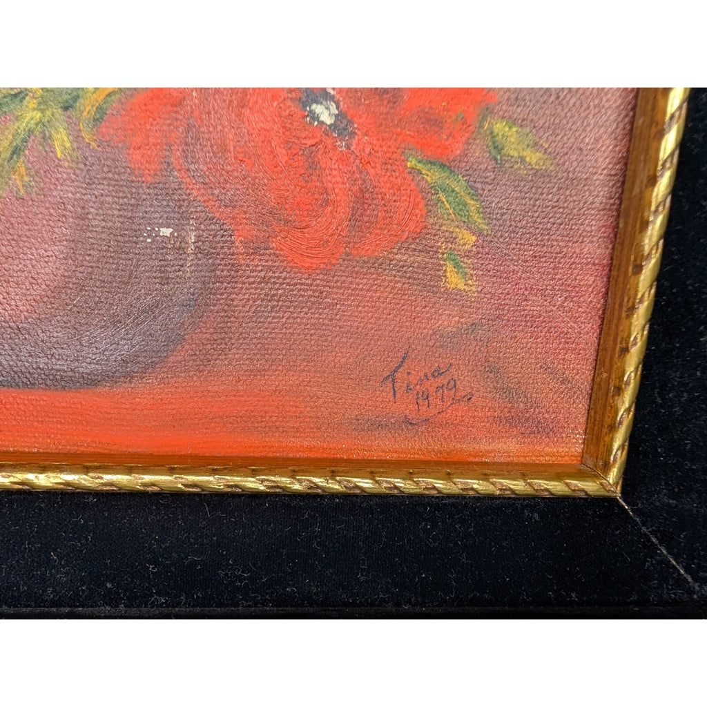Roses Still Life Signed Tina 1979 Acrylic on Canvas Framed