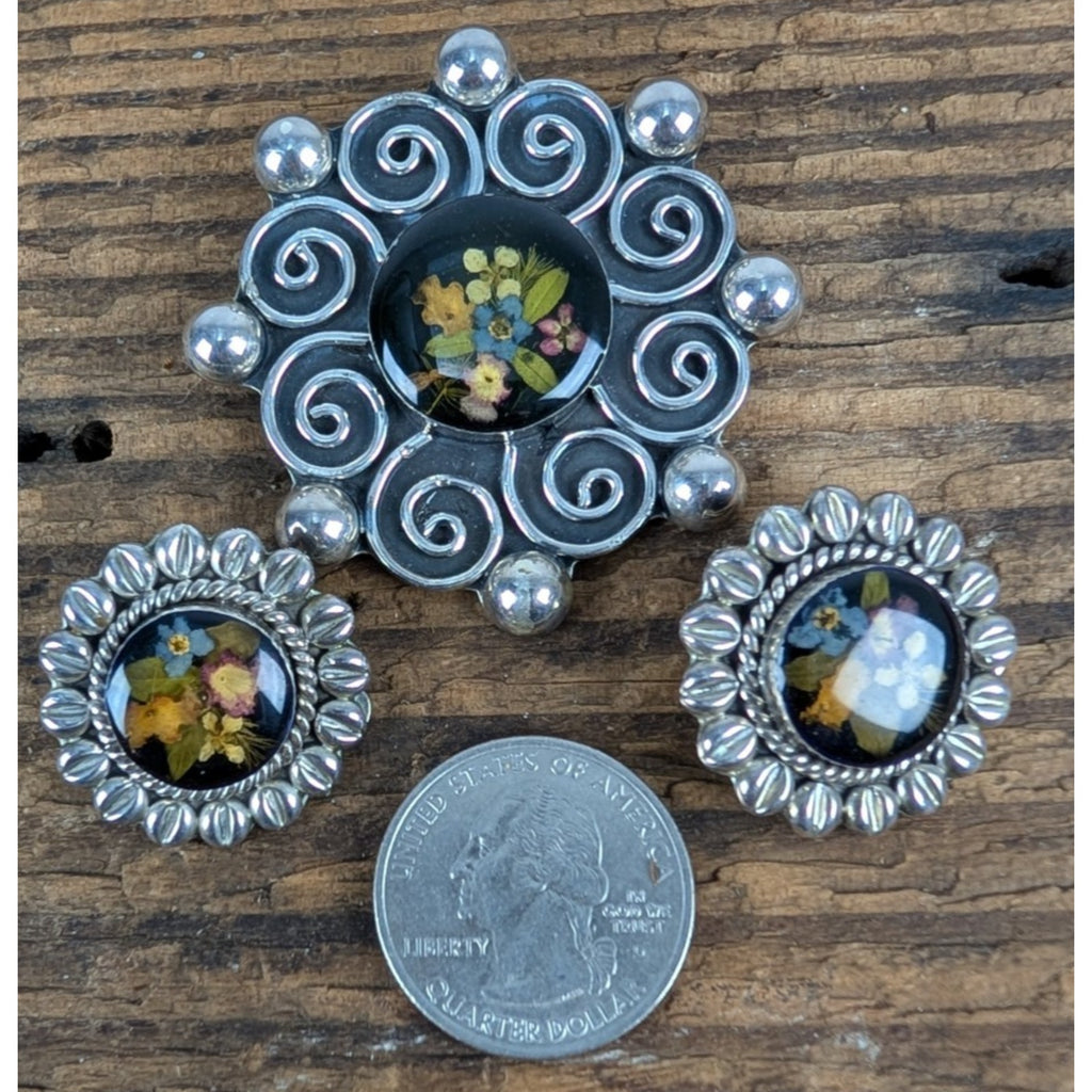 Vintage Taxco Dried Flower Sterling Silver 925 Pendant and Earring Set