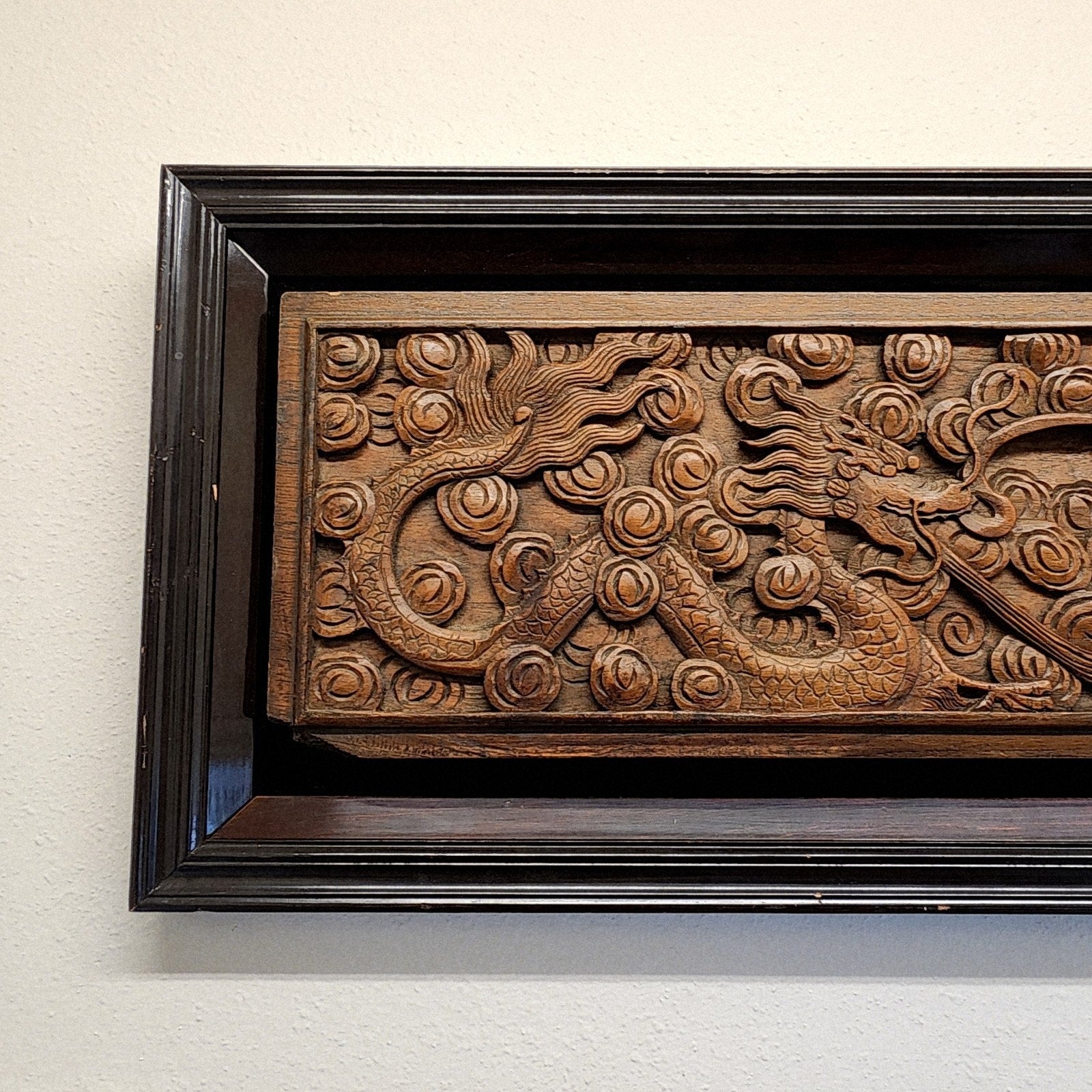 Qing Chinese Ruyi Dragon and Phoenix Prosperity Wood Carved Panel Framed Antique