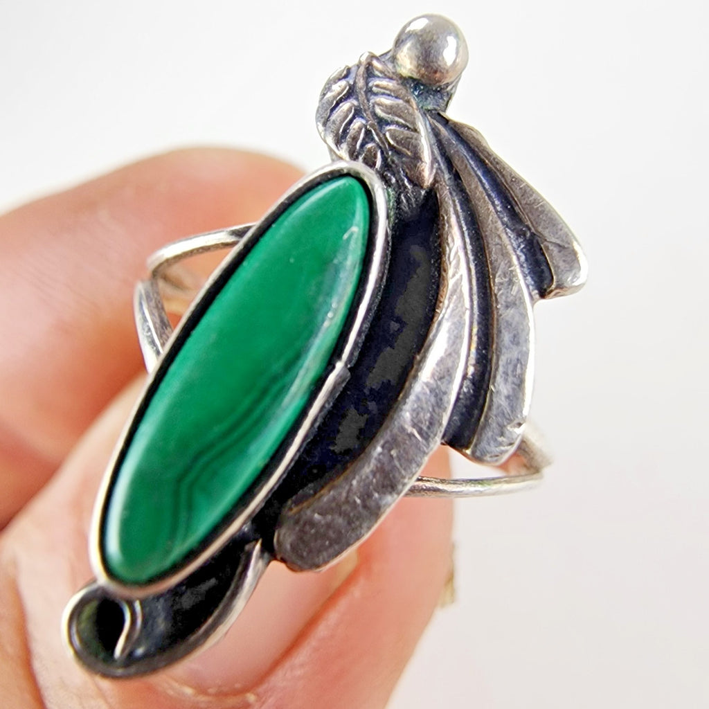 Malachite Cabochon Native Ring Size 7 Sterling Silver 925 Vintage