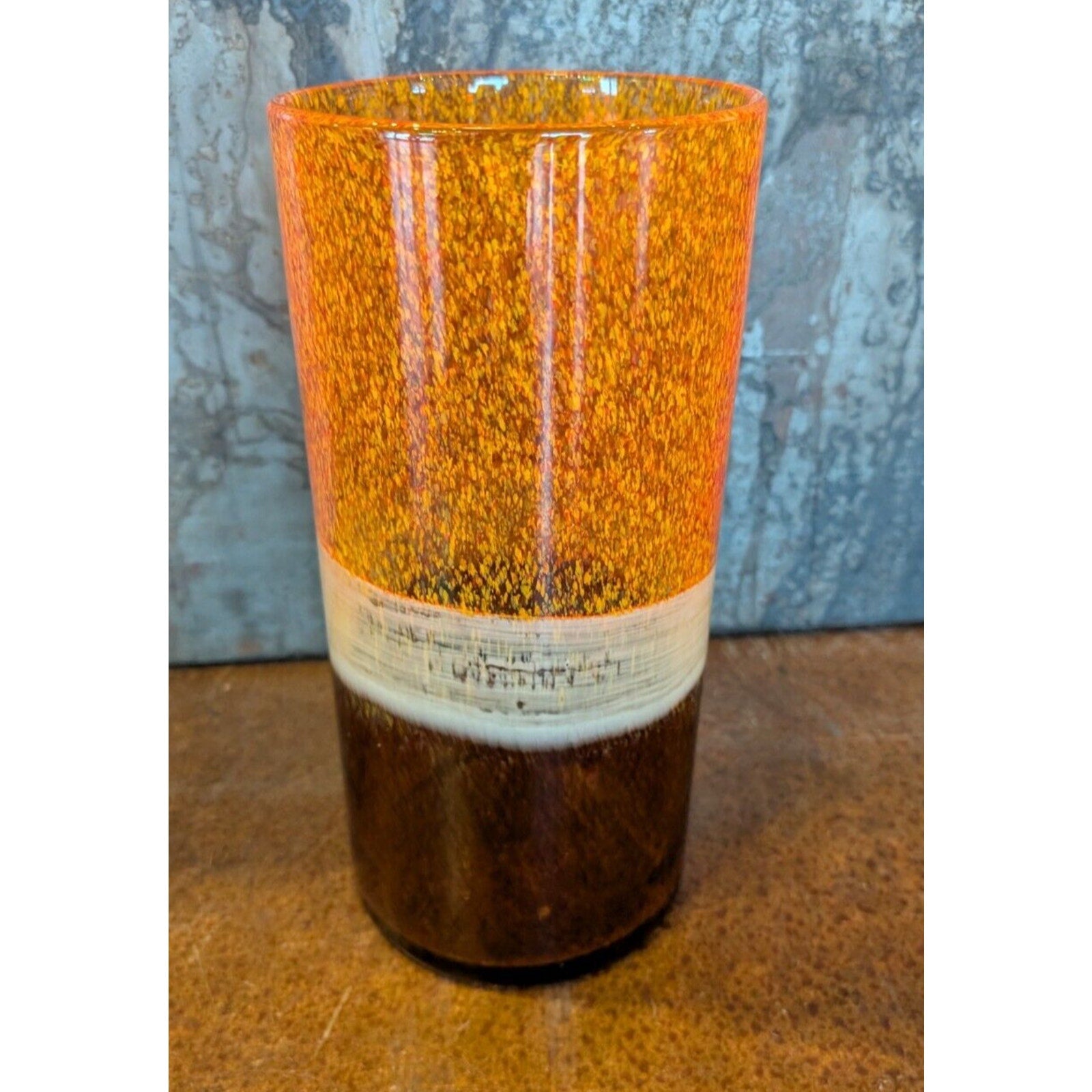 Midcentury MCM TriColor 12" Vase Orange, Beige, Brown Handblown Glass