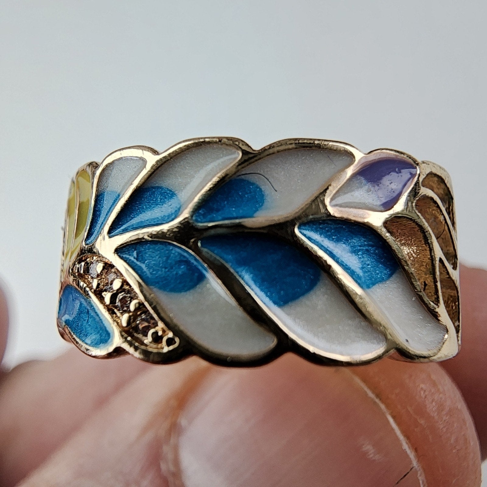 Floral Enamel Band Ring Size 8 Gold Over Sterling Silver 925 Vintage