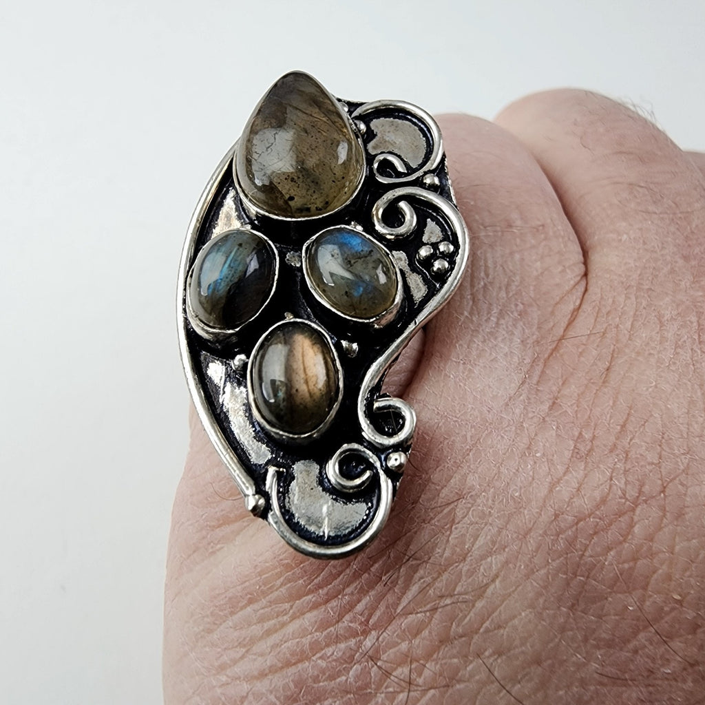 Rainbow Moonstone Shield Ring Size 7 Sterling Silver 925 Vintage