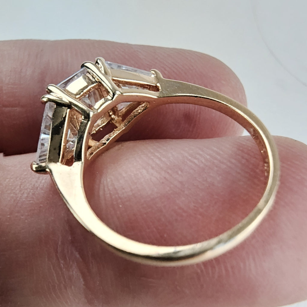 Three Stone Trillion & Princess Cut Ring Size 6 w Gold over Sterling Silver 925