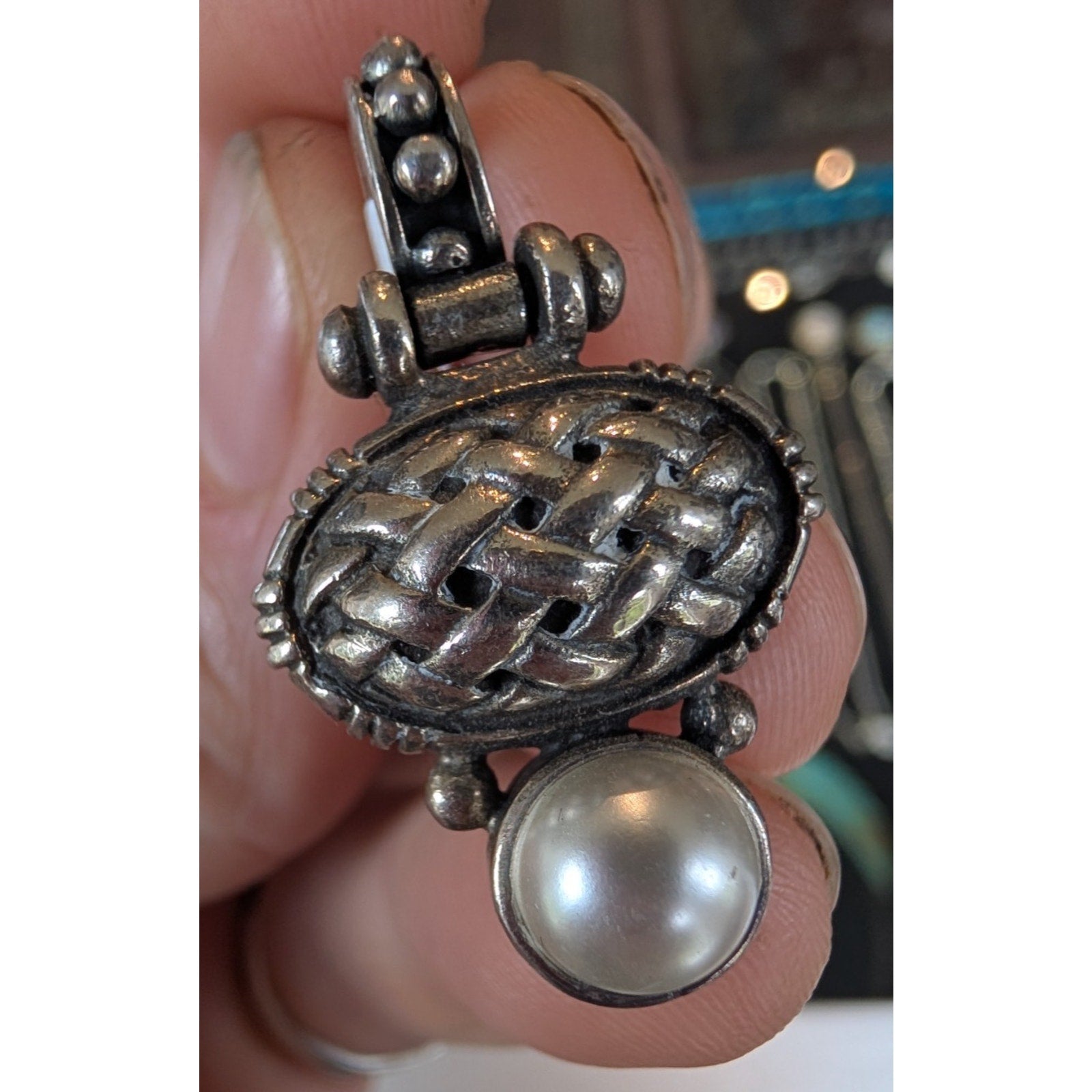 Vintage Thai Pearl Basketweave Sterling Silver 925 Pendant