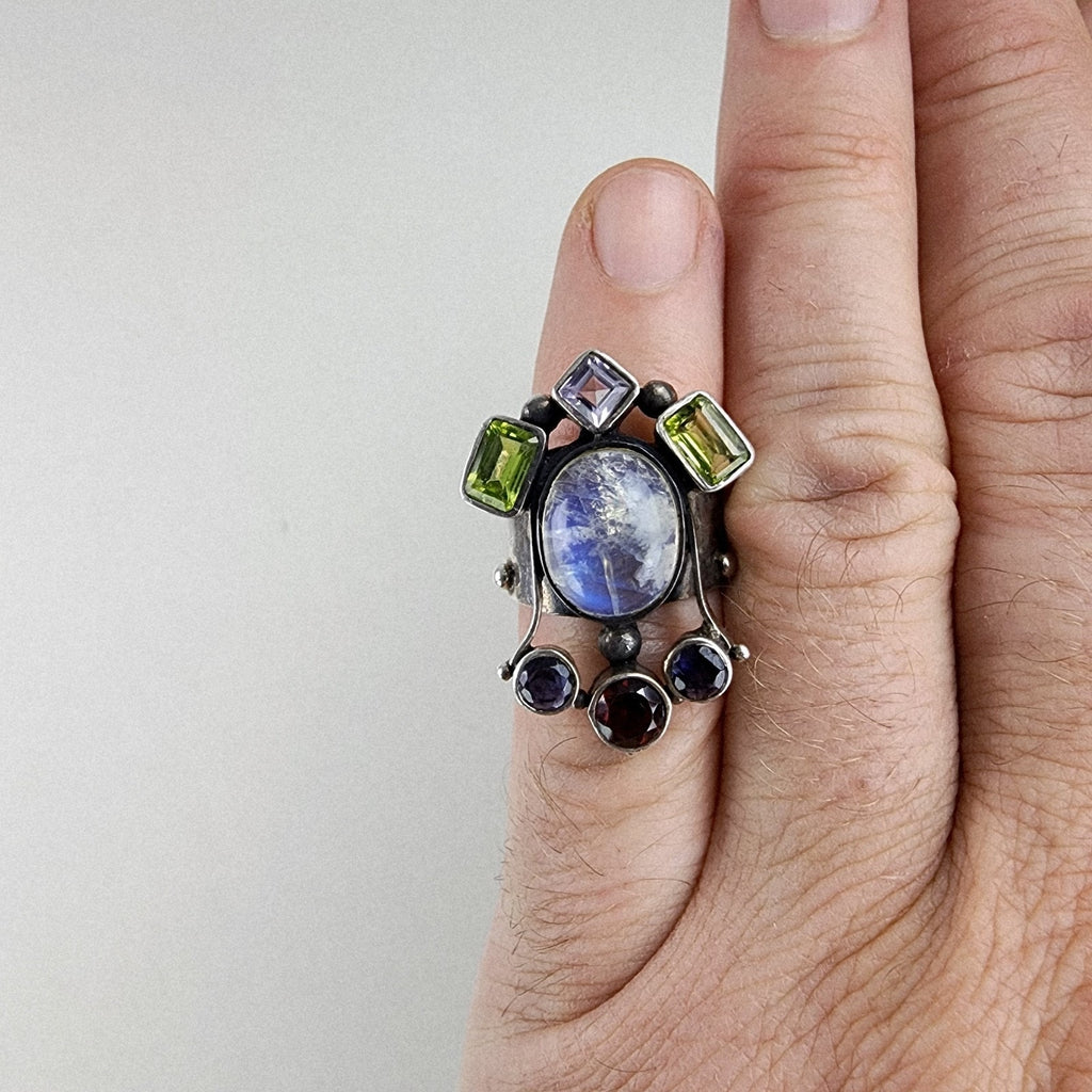 Rainbow Moonstone Gemstone Cluster Ring Size 6 3/4 Sterling Silver 925 Vintage