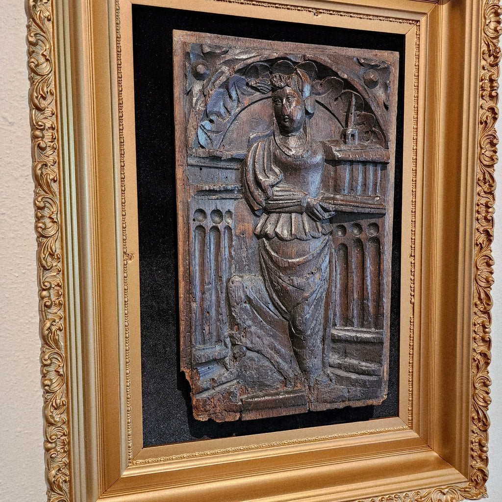 16th C Saint Barbara w Tower Wood Panel France Framed Renaissance Hand Carved