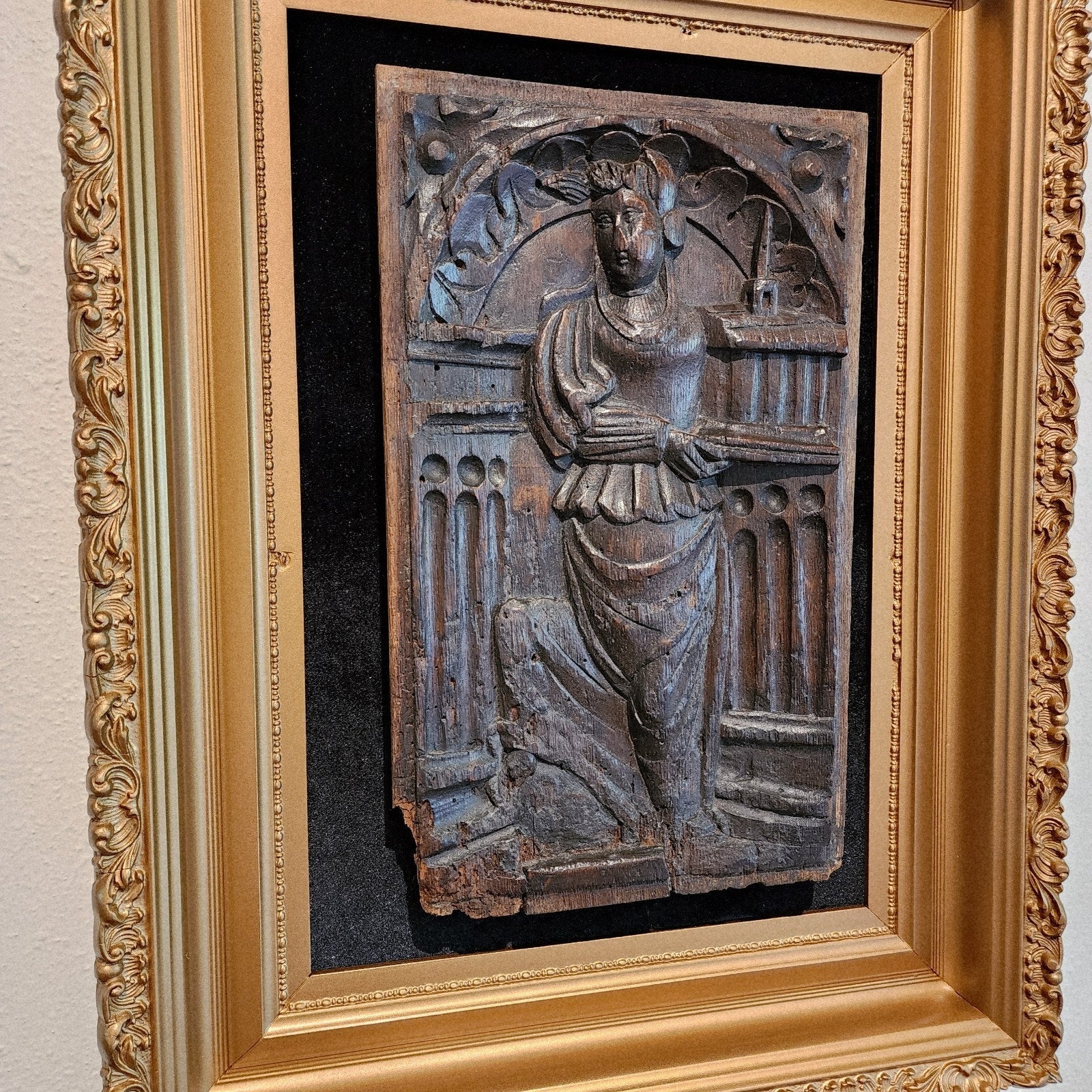16th C Saint Barbara w Tower Wood Panel France Framed Renaissance Hand Carved